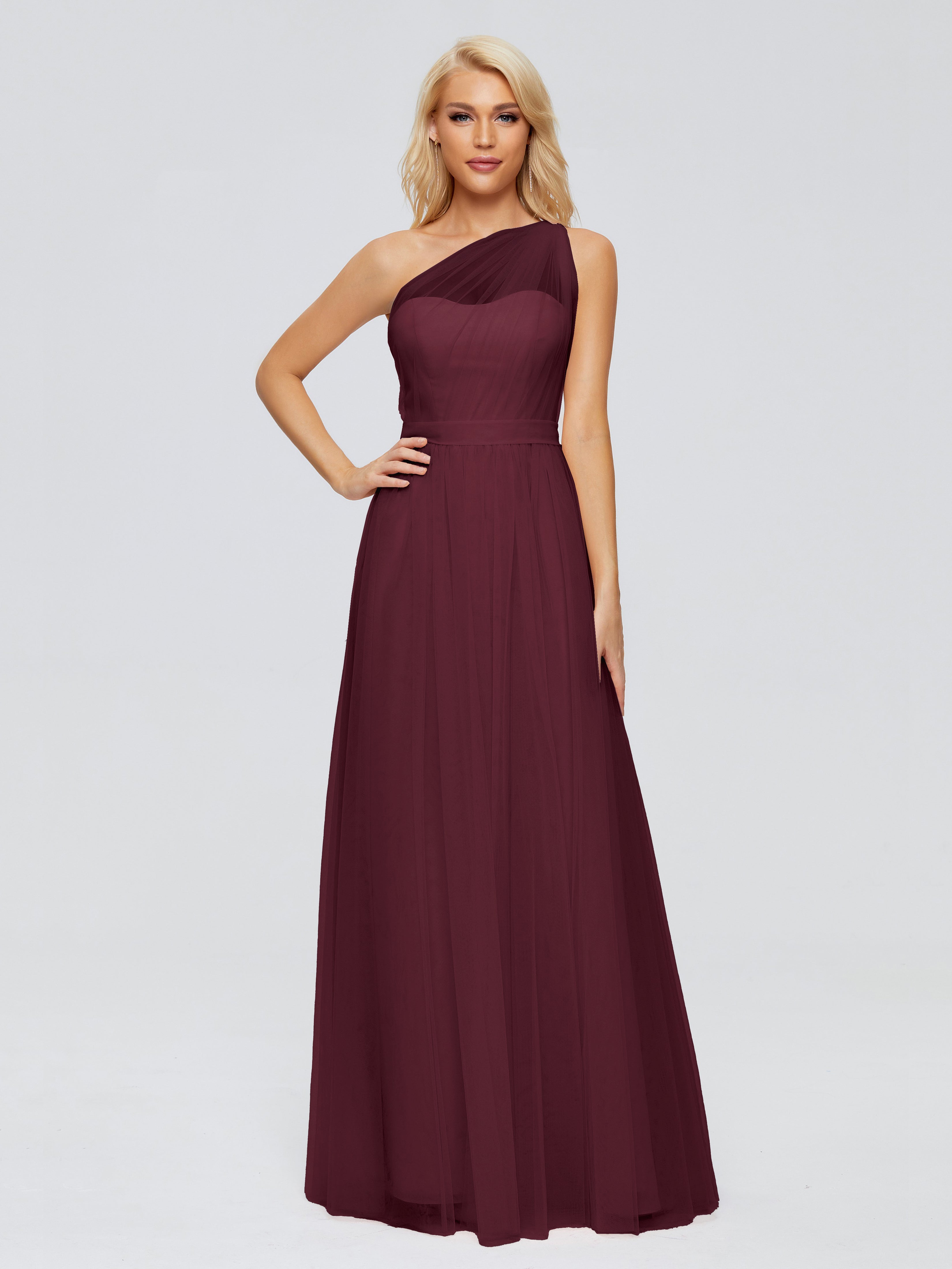 Robes De Demoiselle D'Honneur Cabernet A-ligne Seule-Épaule Ruban Mousseline Robes Demoiselle D'Honneur