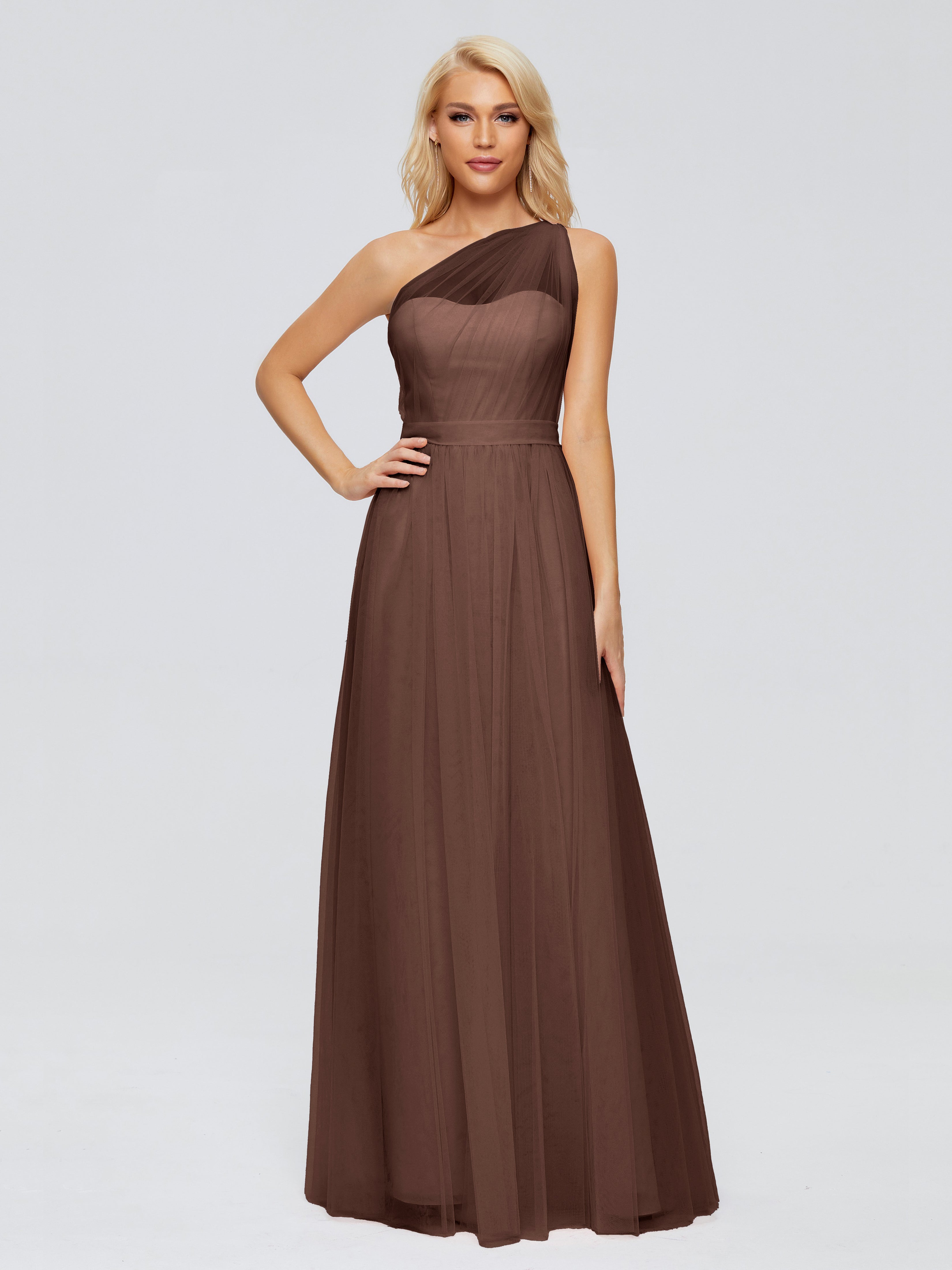 Robe Demoiselle D Honneur Marron Chocolat A-ligne Seule-Épaule Ruban Mousseline Robes Demoiselle D'Honneur