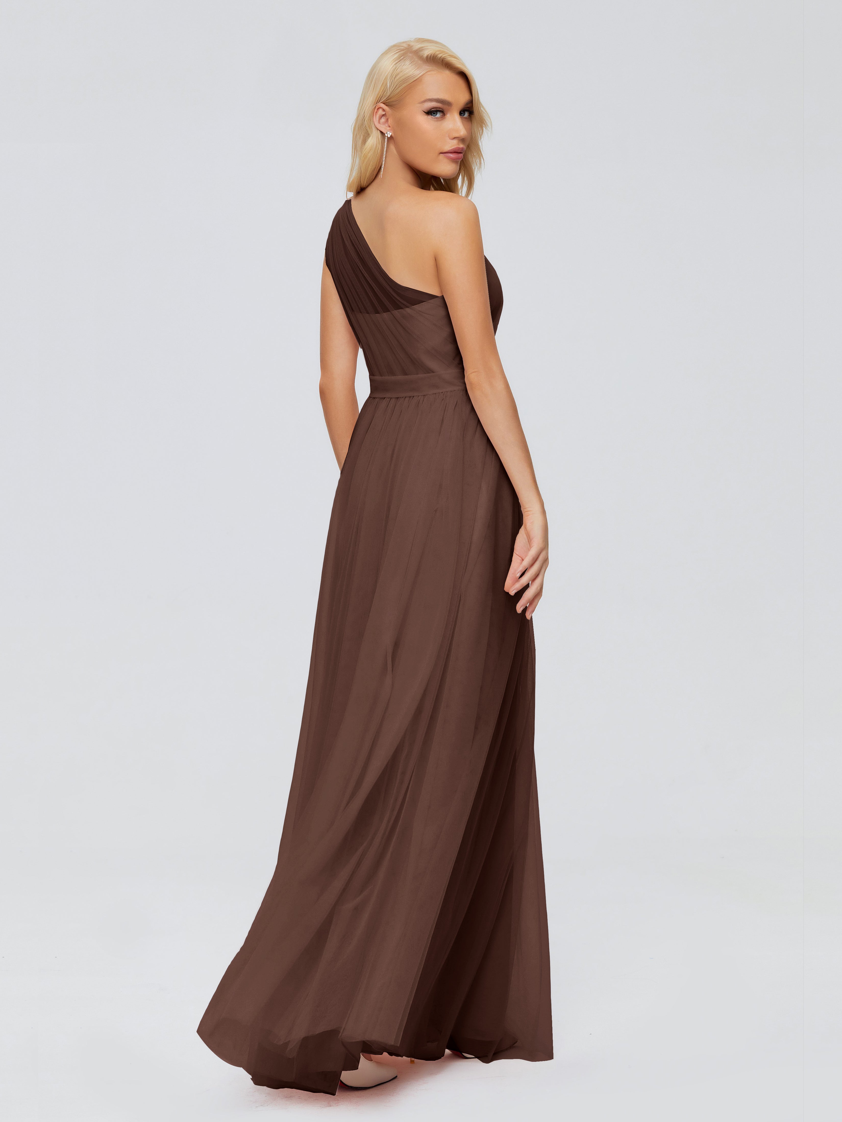 Robe Demoiselle D Honneur Marron Chocolat A-ligne Seule-Épaule Ruban Mousseline Robes Demoiselle D'Honneur