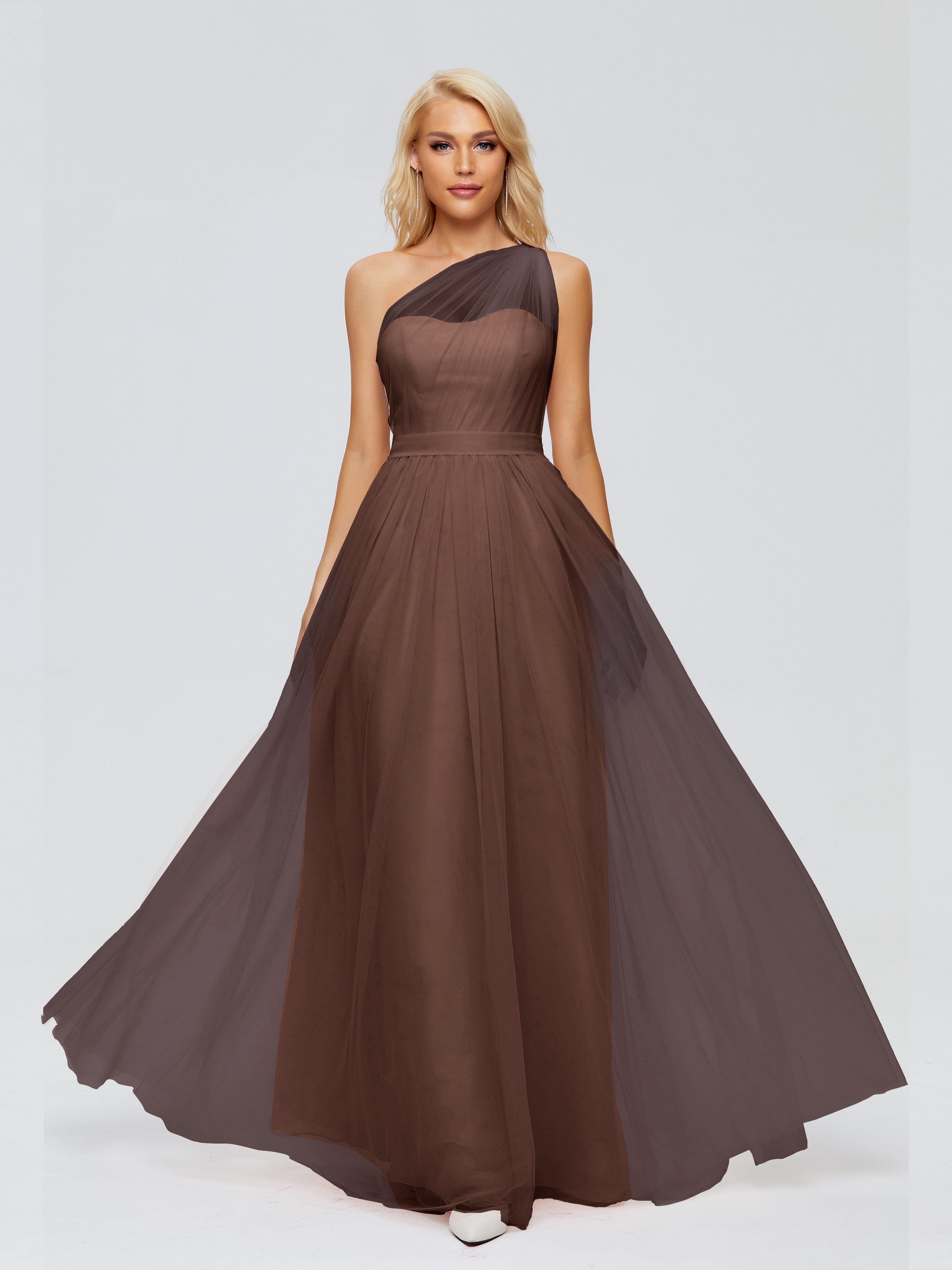 Robe Demoiselle D Honneur Marron Chocolat A-ligne Seule-Épaule Ruban Mousseline Robes Demoiselle D'Honneur