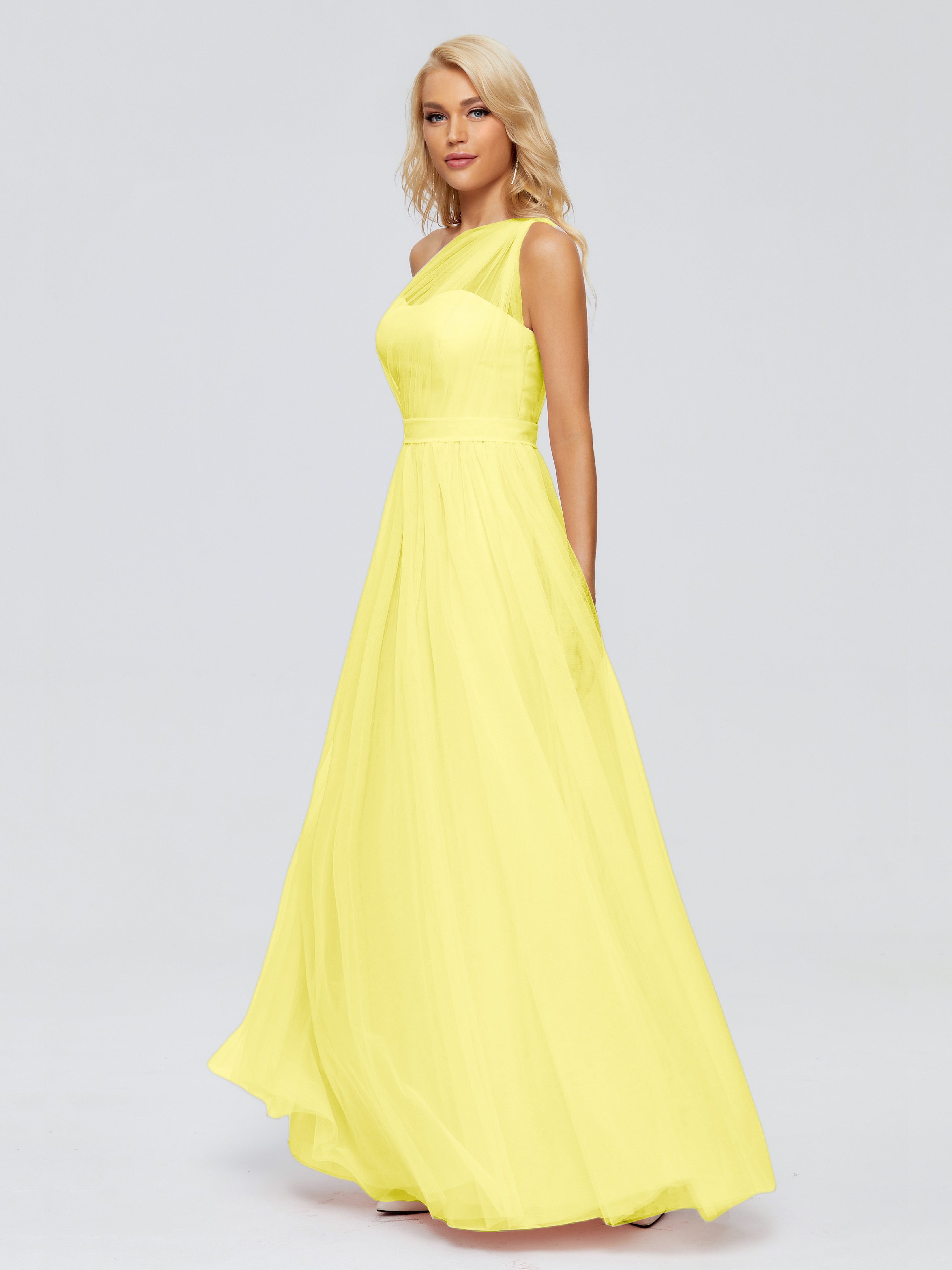 Robes De Demoiselle D'Honneur Citron A-ligne Seule-Épaule Ruban Mousseline Robes Demoiselle D'Honneur