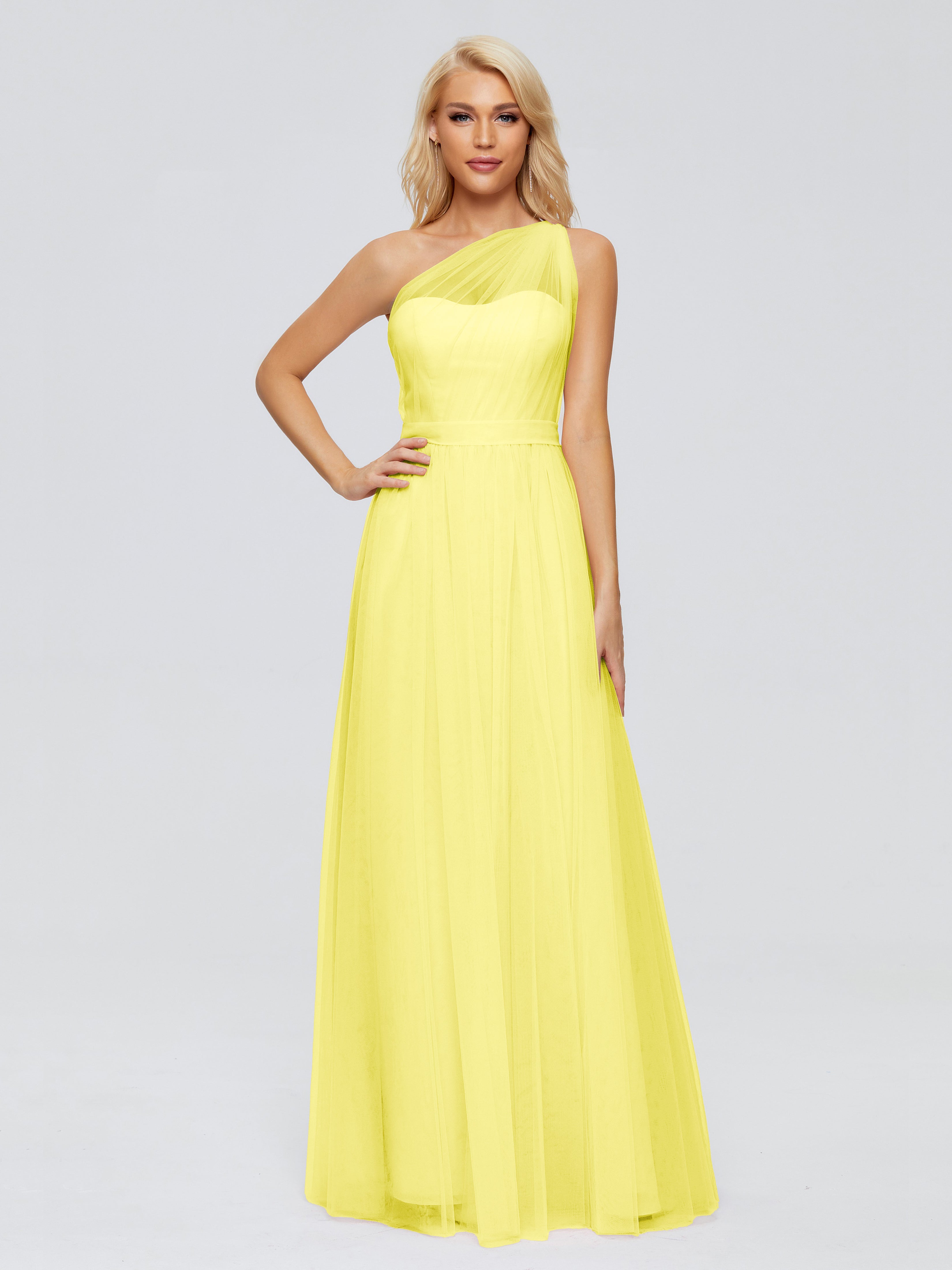 Robes De Demoiselle D'Honneur Citron A-ligne Seule-Épaule Ruban Mousseline Robes Demoiselle D'Honneur