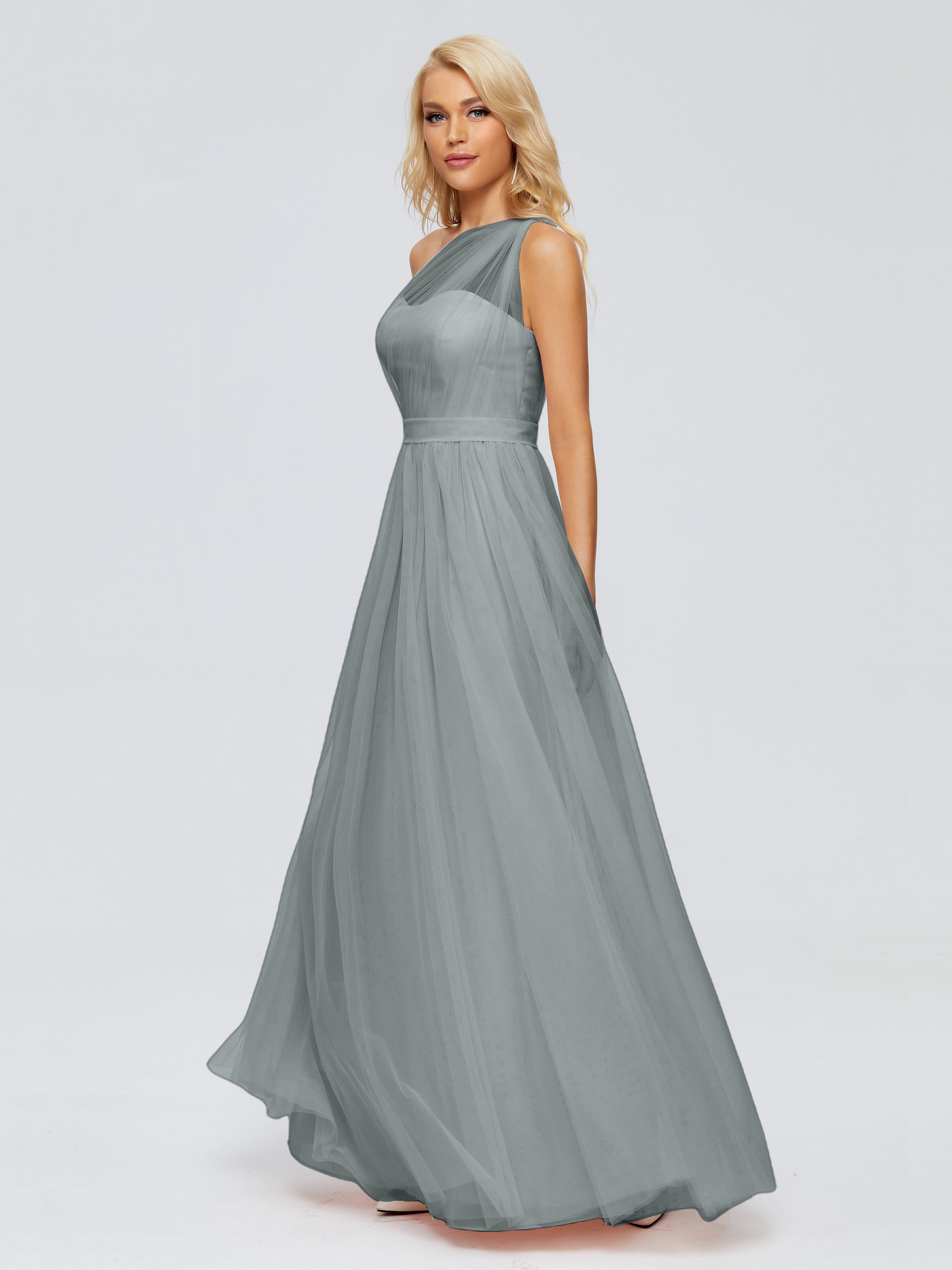 Robe Demoiselle D Honneur Gris Trapèze Seule-Épaule Ruban Mousseline Robes Demoiselle D'Honneur