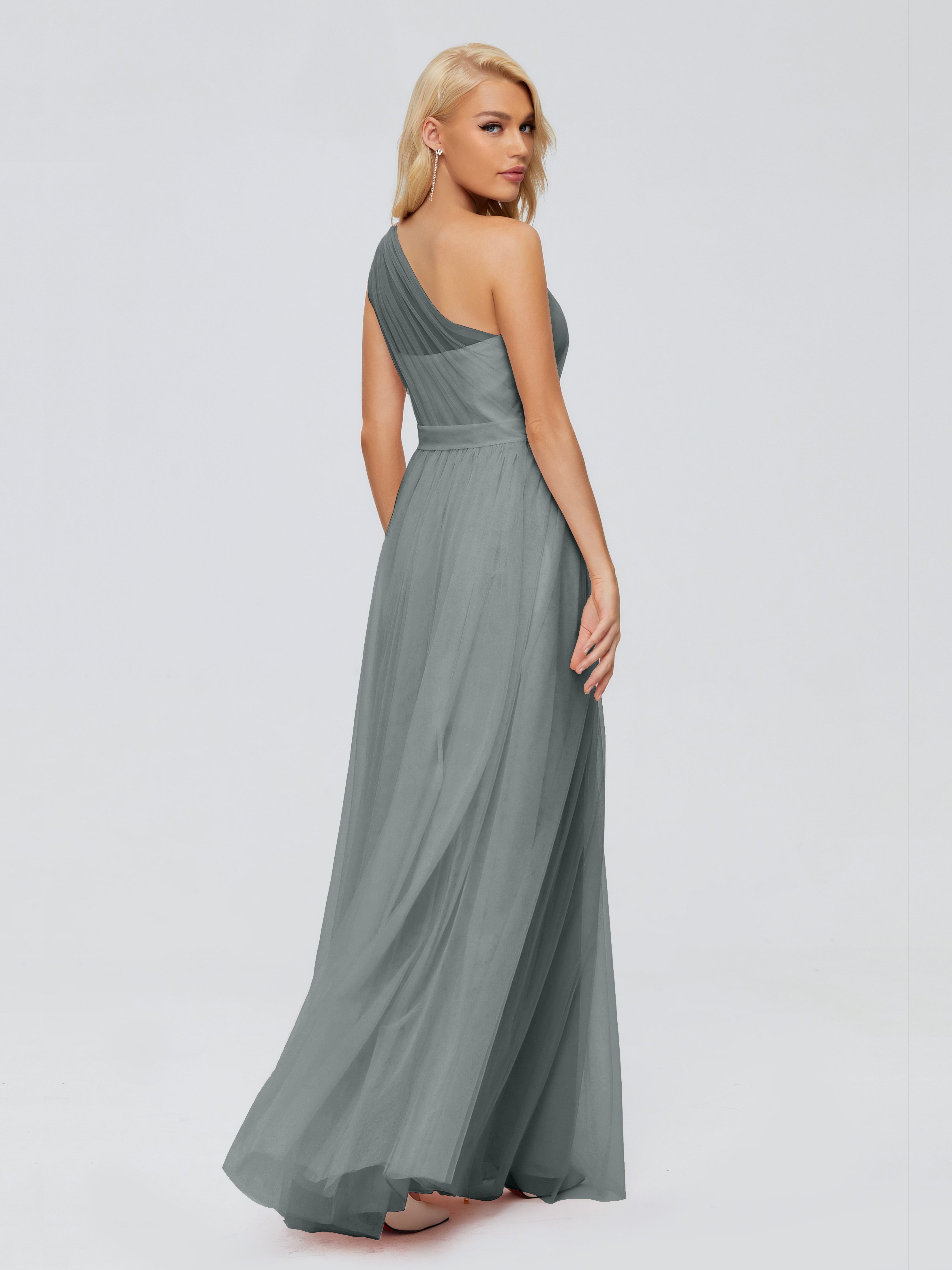 Robe Demoiselle D Honneur Gris Trapèze Seule-Épaule Ruban Mousseline Robes Demoiselle D'Honneur