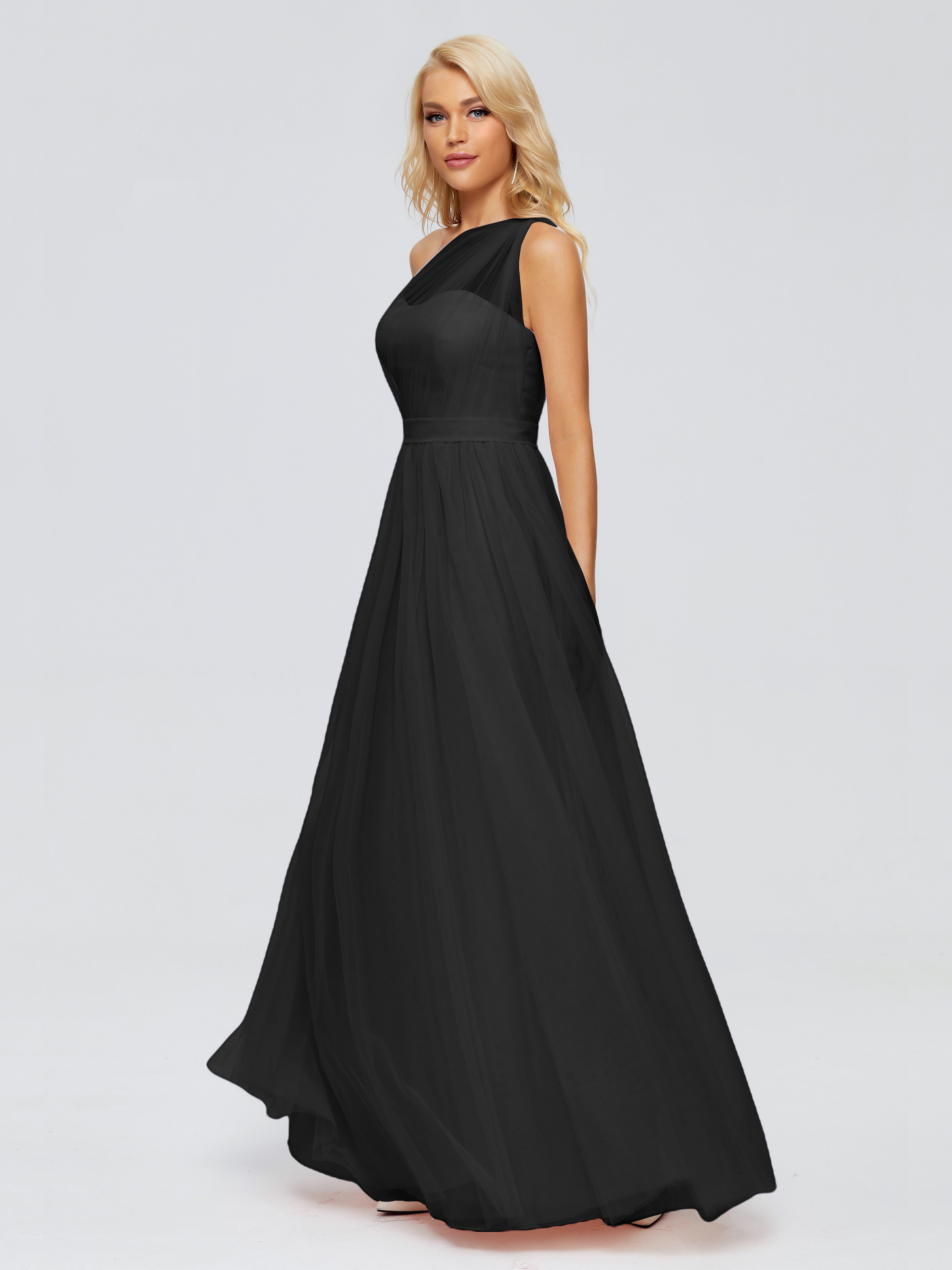 Demoiselle D Honneur Robe Noire Trapèze Seule-Épaule Ruban Mousseline Robes Demoiselle D'Honneur