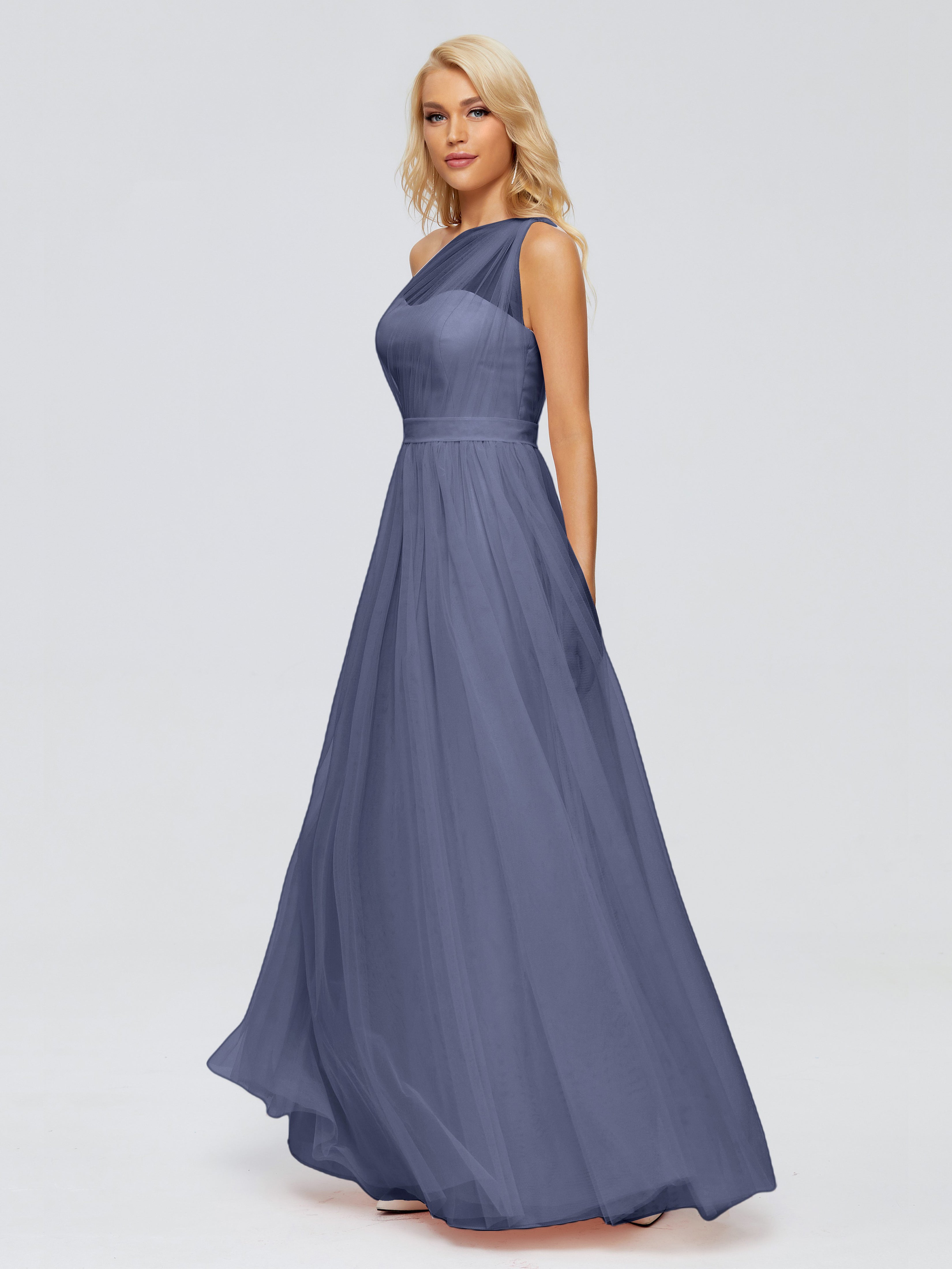 Robes De Demoiselle D'Honneur Bleu Orageux A-ligne Seule-Épaule Ruban Mousseline Robes Demoiselle D'Honneur