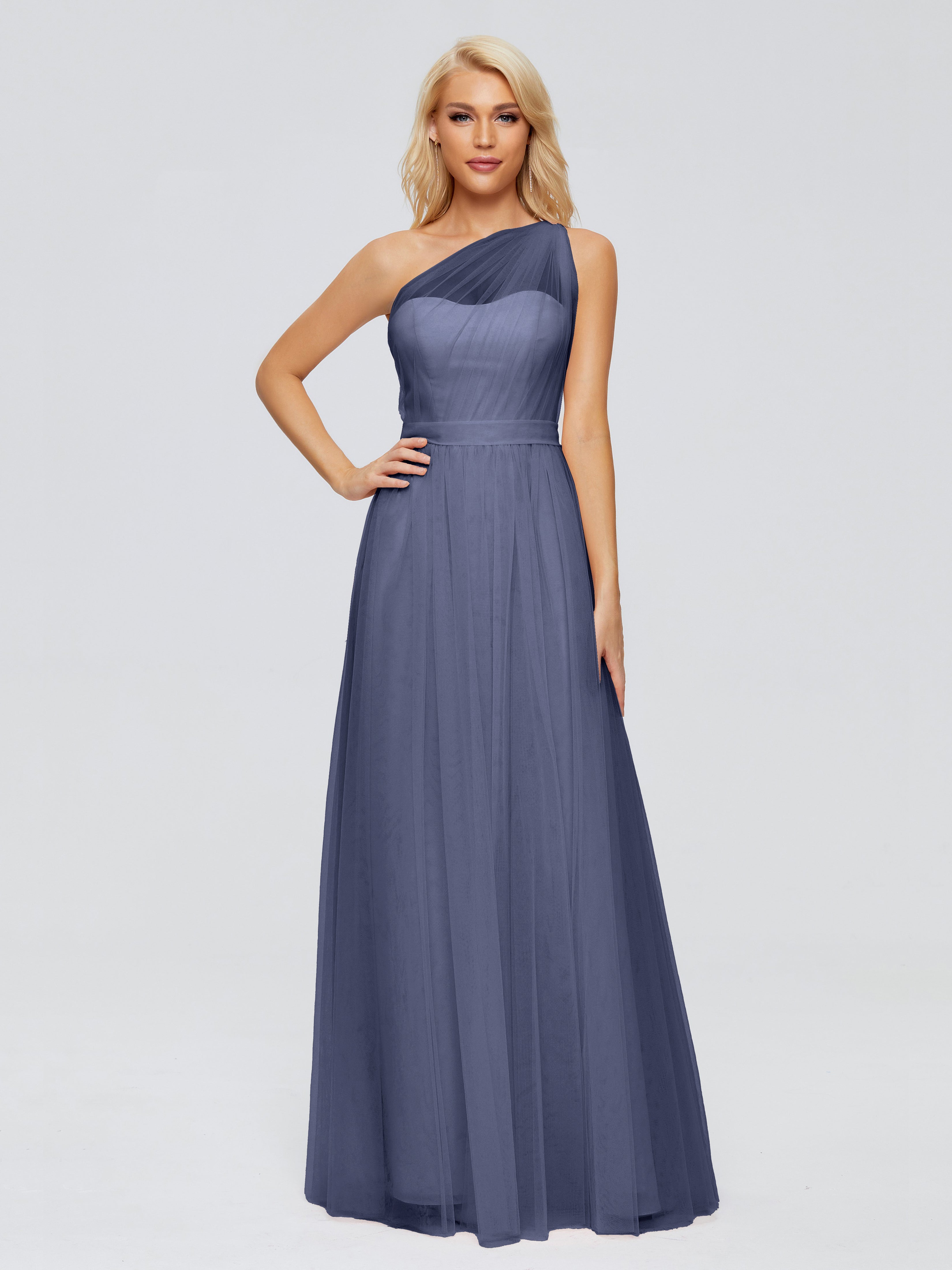 Robes De Demoiselle D'Honneur Bleu Orageux A-ligne Seule-Épaule Ruban Mousseline Robes Demoiselle D'Honneur