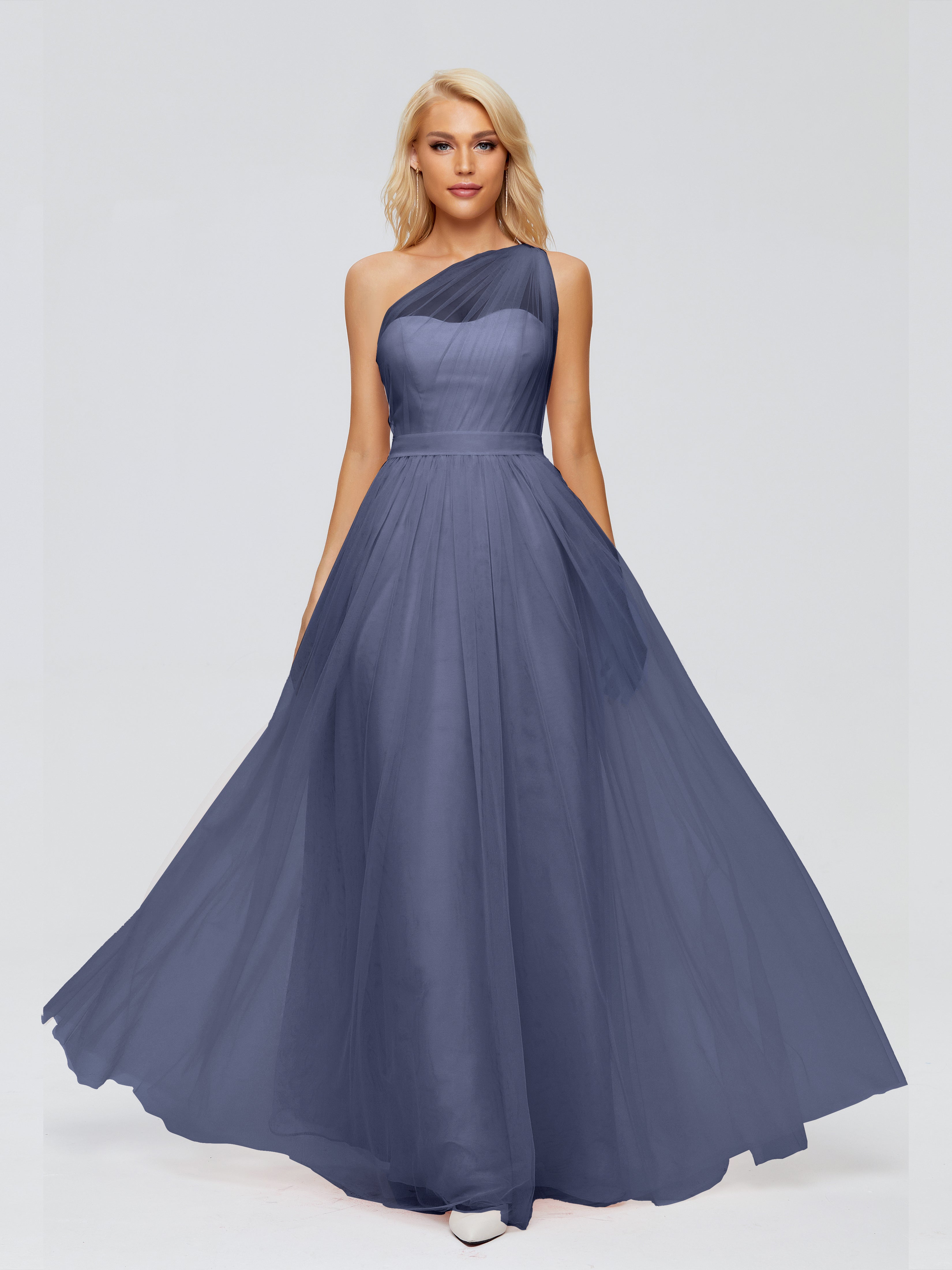 Robes De Demoiselle D'Honneur Bleu Orageux A-ligne Seule-Épaule Ruban Mousseline Robes Demoiselle D'Honneur