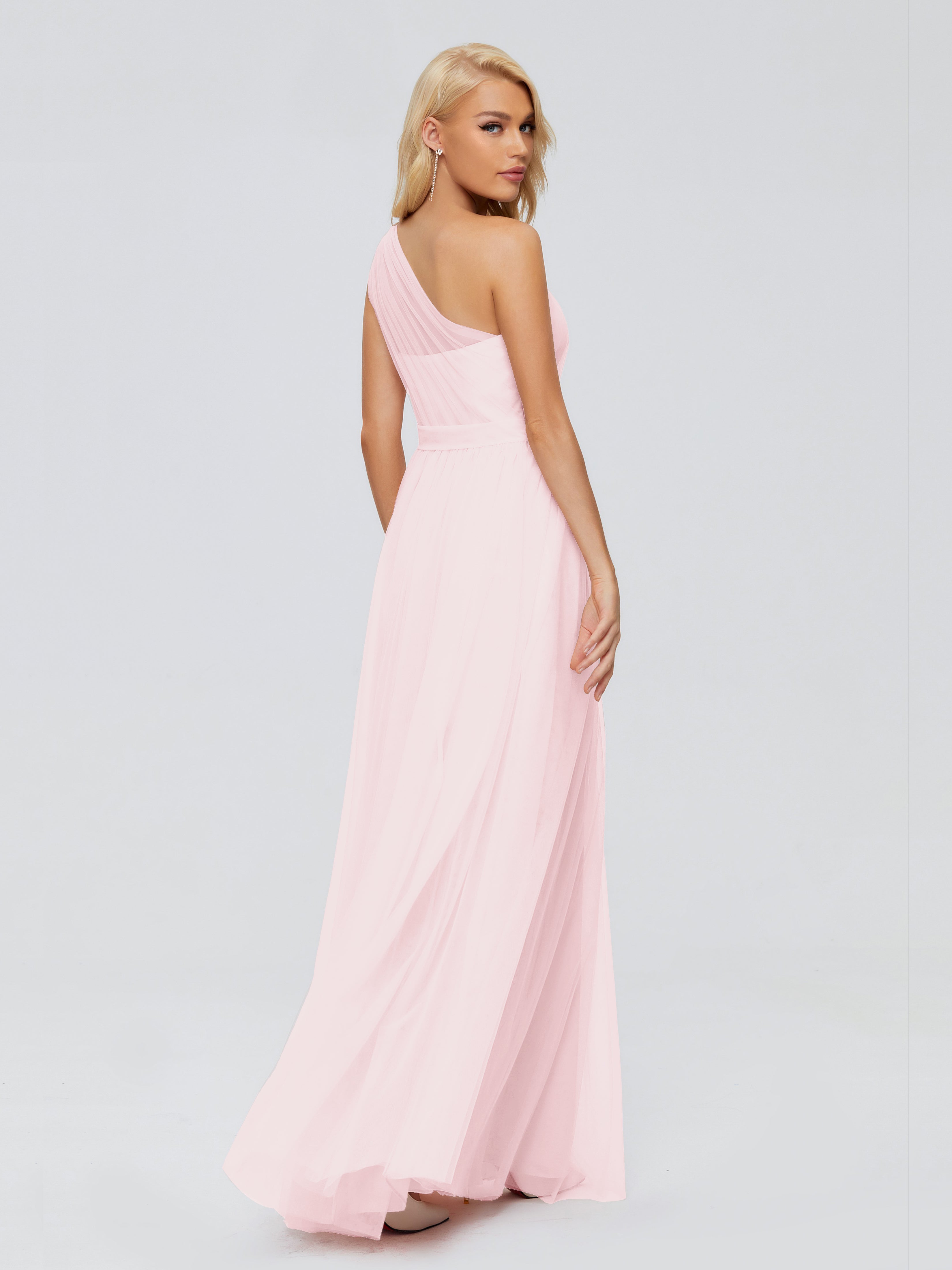 Robe Demoiselle D Honneur Rose Pale Trapèze Seule-Épaule Ruban Mousseline Robes Demoiselle D'Honneur