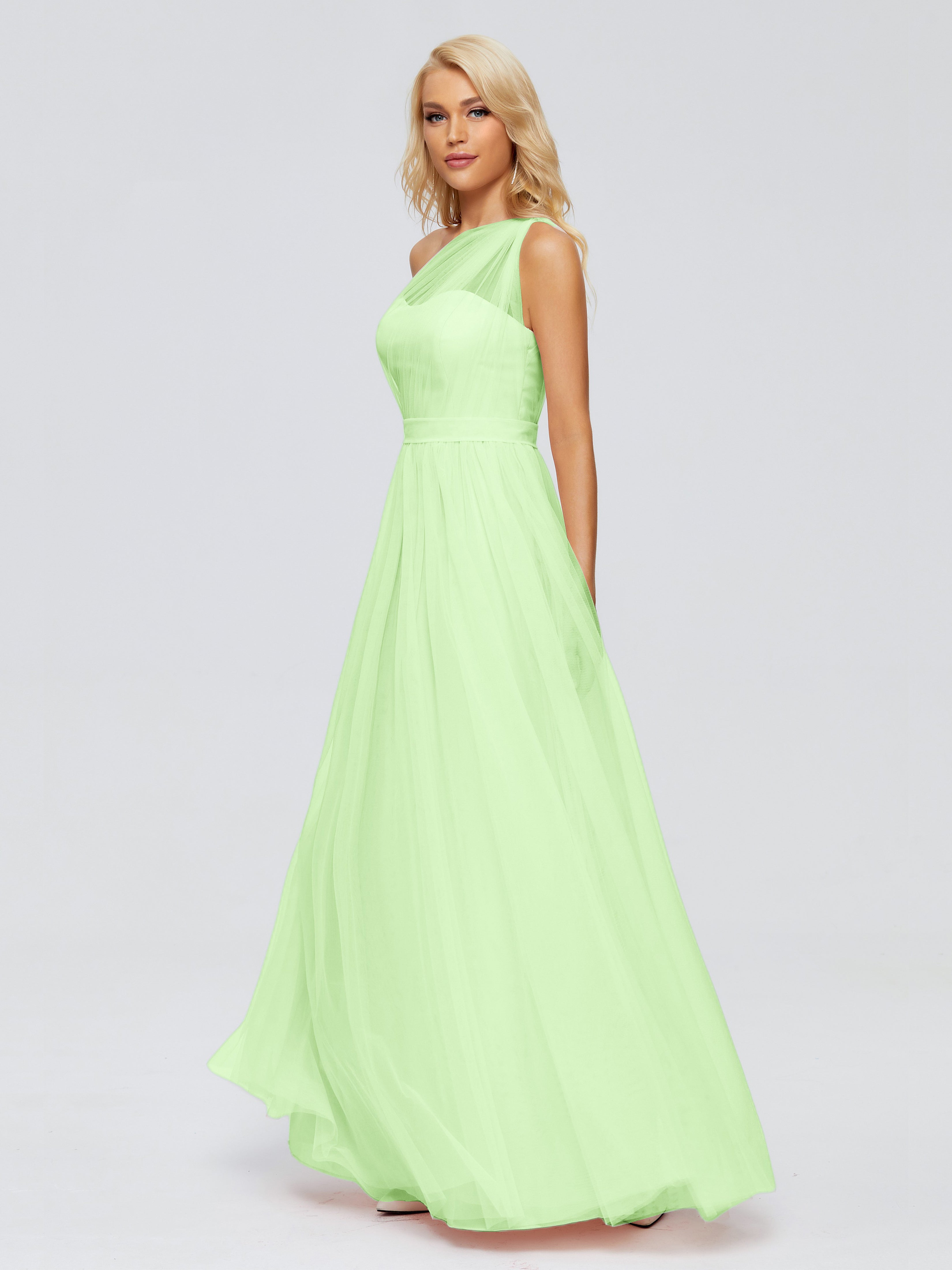 Robe Demoiselle D Honneur Verte Sauge Trapèze Seule-Épaule Ruban Mousseline Robes Demoiselle D'Honneur