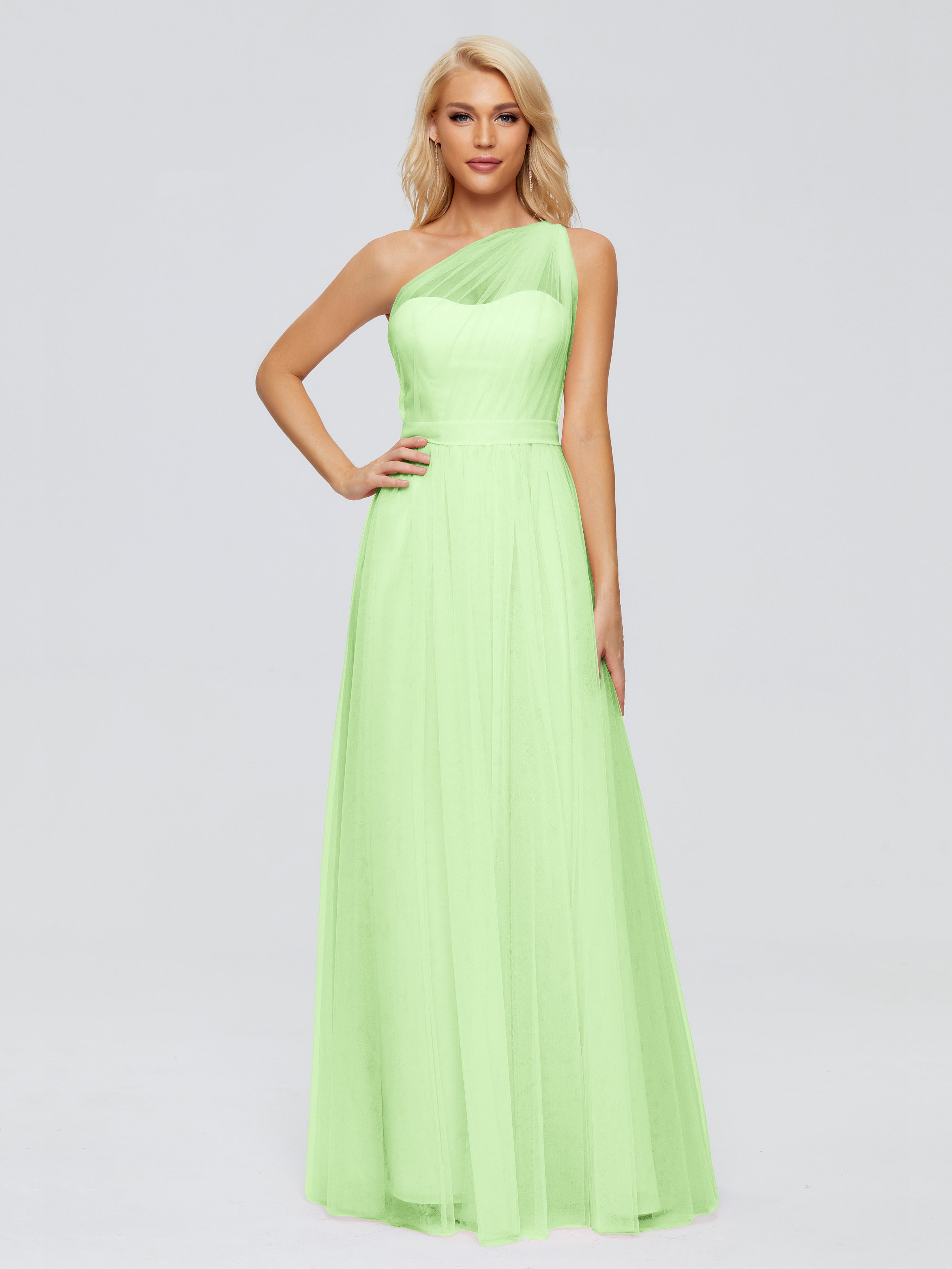 Robe Demoiselle D Honneur Verte Sauge Trapèze Seule-Épaule Ruban Mousseline Robes Demoiselle D'Honneur