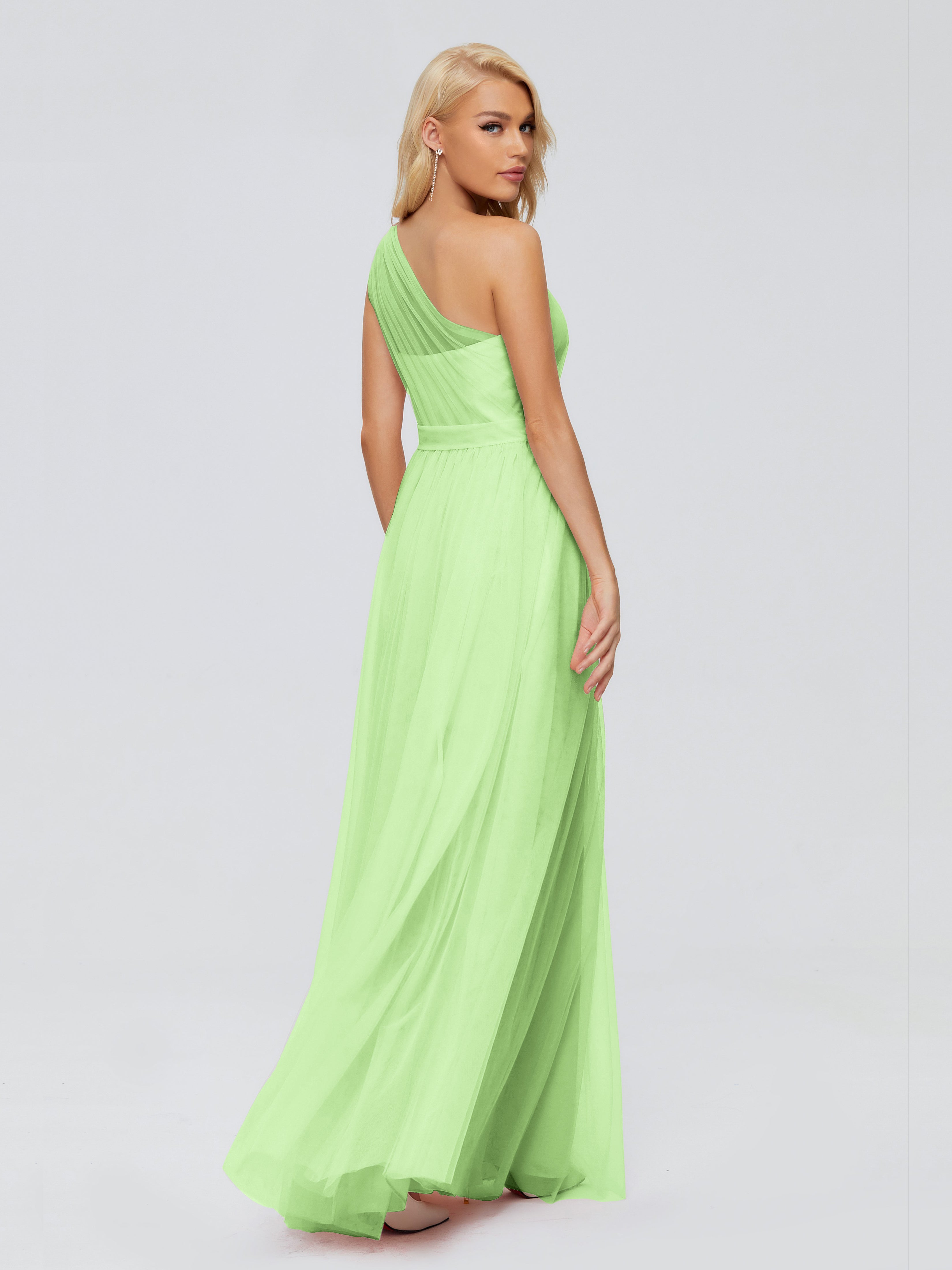 Robe Demoiselle D Honneur Verte Sauge Trapèze Seule-Épaule Ruban Mousseline Robes Demoiselle D'Honneur