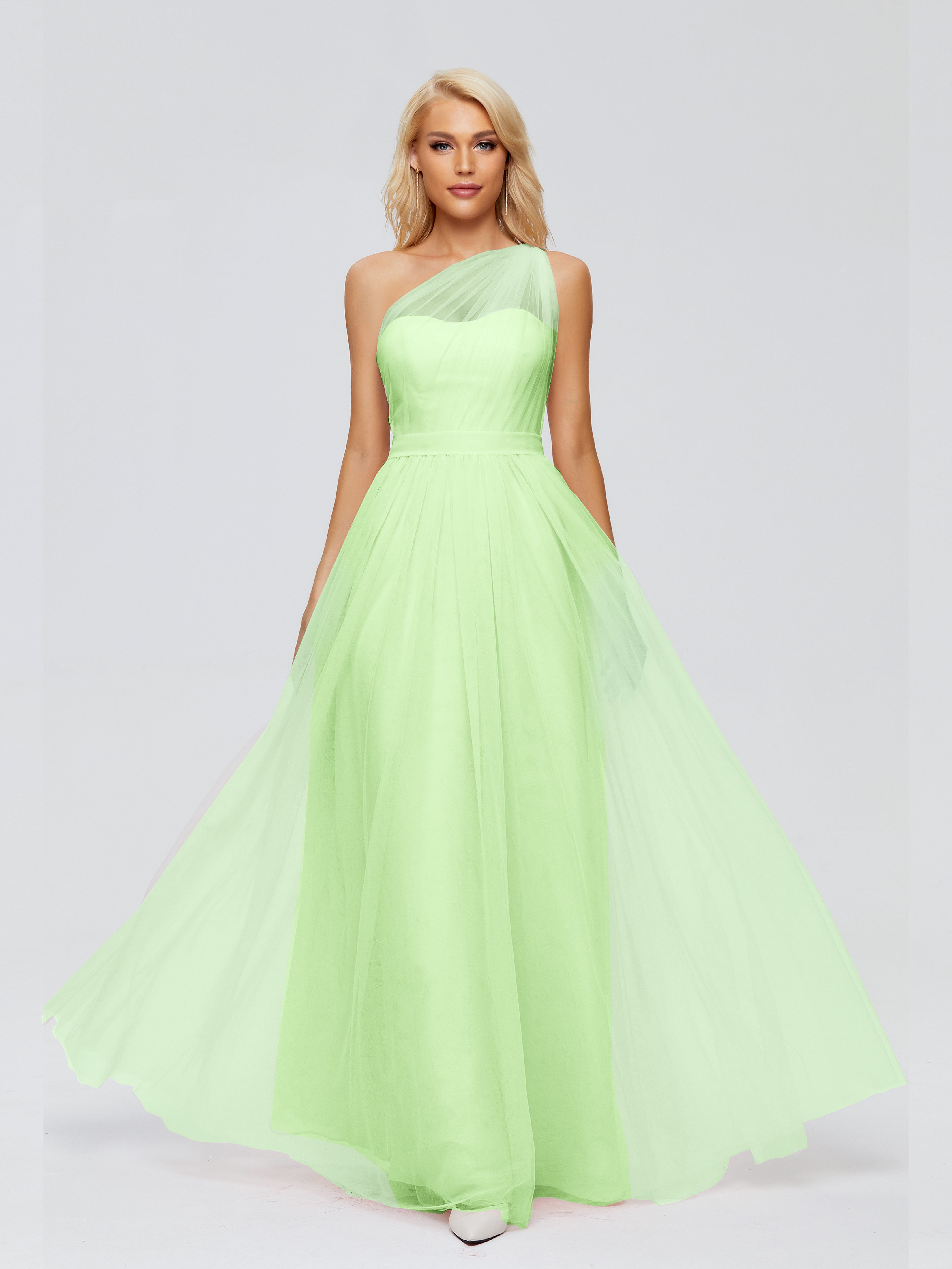 Robe Demoiselle D Honneur Verte Sauge Trapèze Seule-Épaule Ruban Mousseline Robes Demoiselle D'Honneur