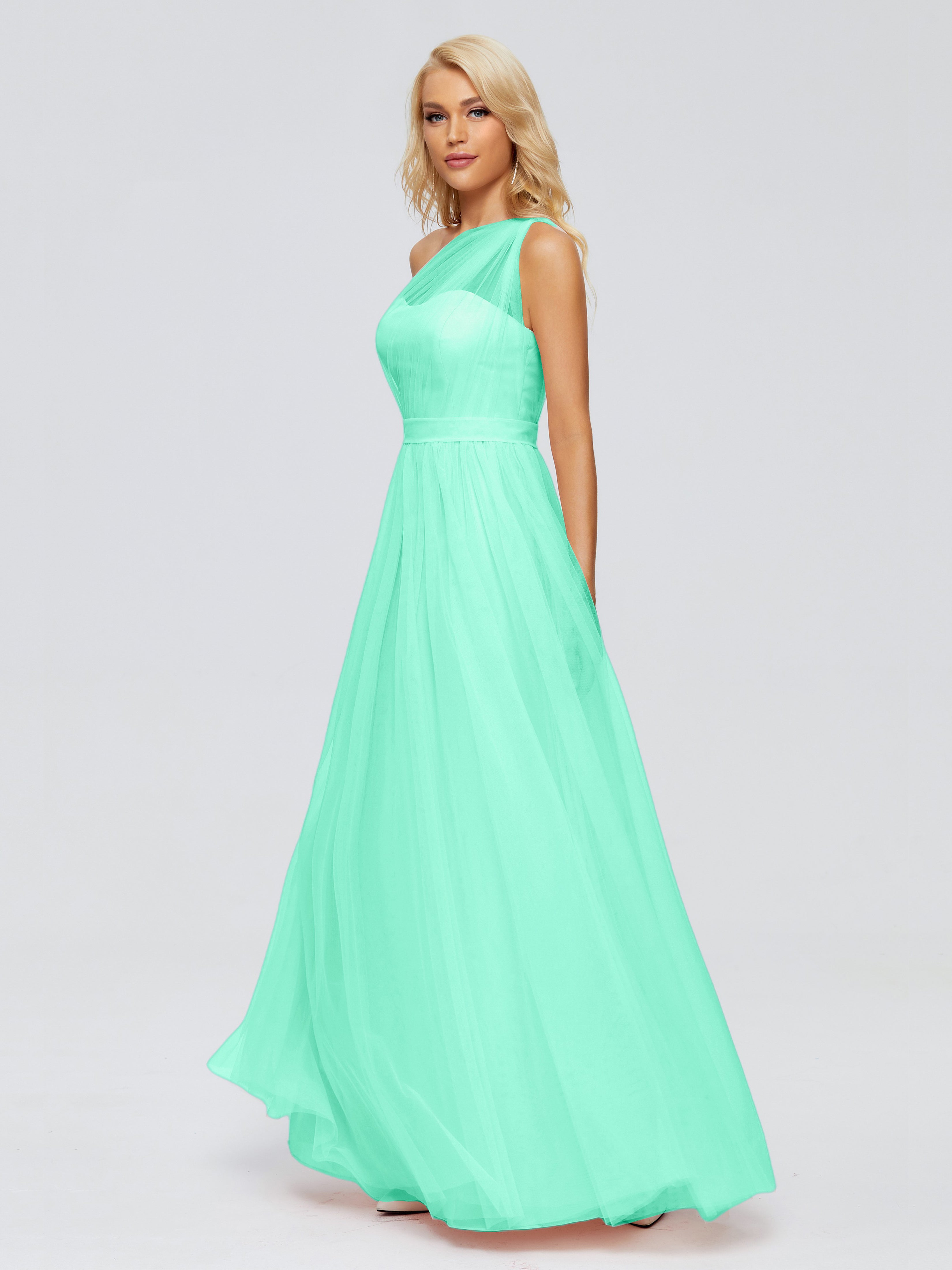 Robe Bleu Turquoise Demoiselle D Honneur Trapèze Seule-Épaule Ruban Mousseline Robes Demoiselle D'Honneur