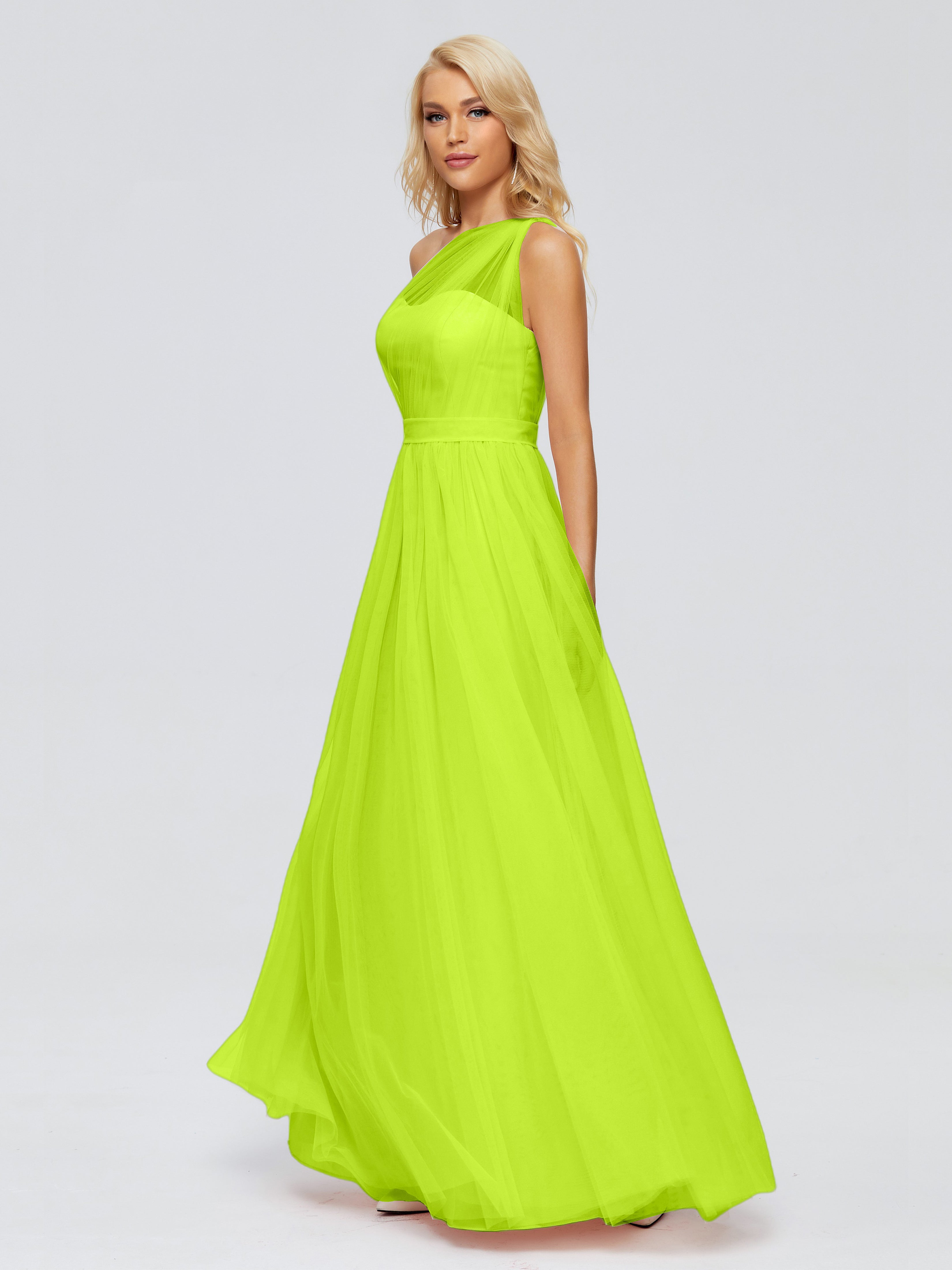 Robes De Demoiselle D'Honneur Vert Citron A-ligne Seule-Épaule Ruban Mousseline Robes Demoiselle D'Honneur