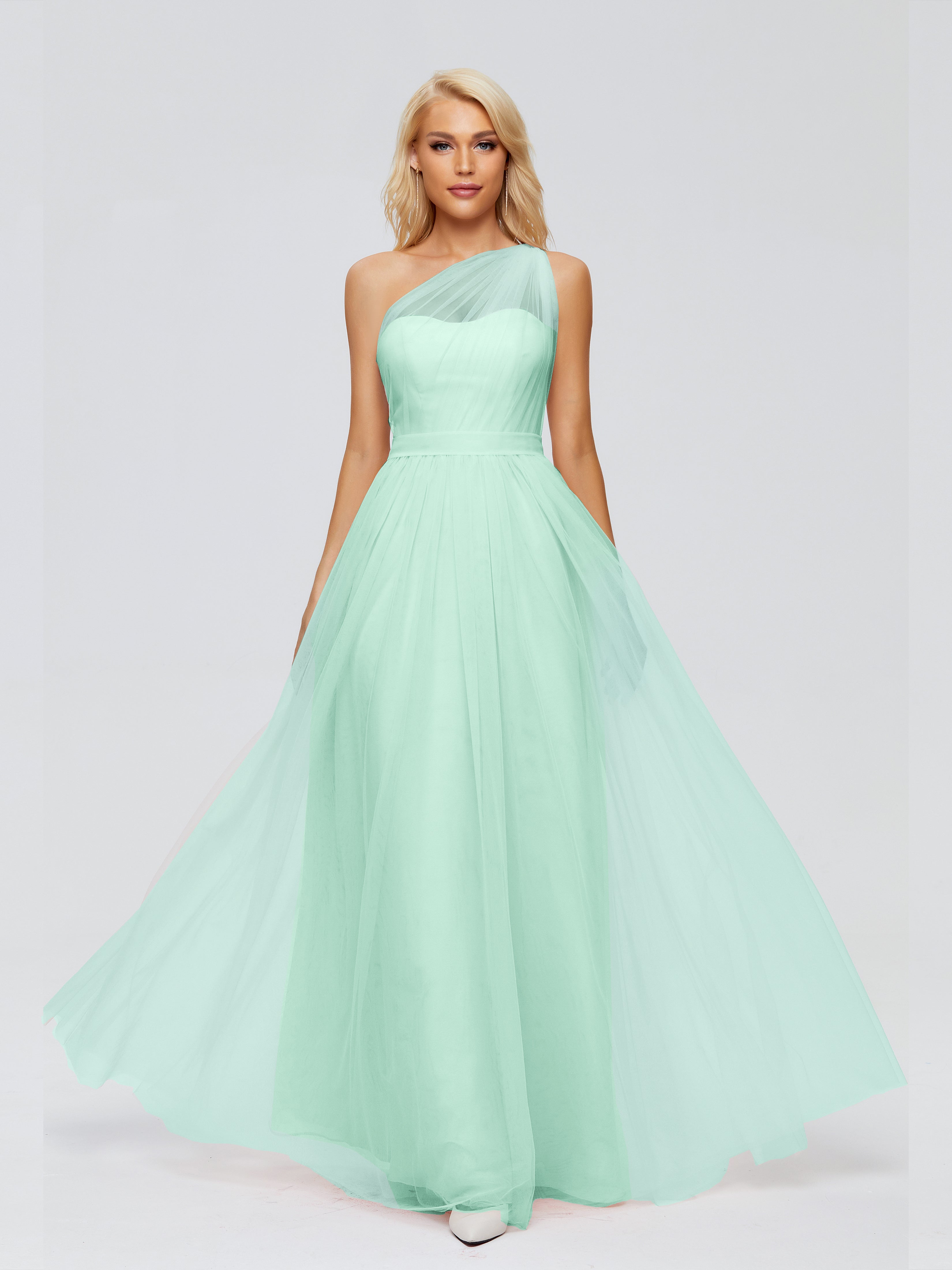 Robe Vert Menthe Demoiselle D Honneur A-ligne Seule-Épaule Ruban Mousseline Robes Demoiselle D'Honneur