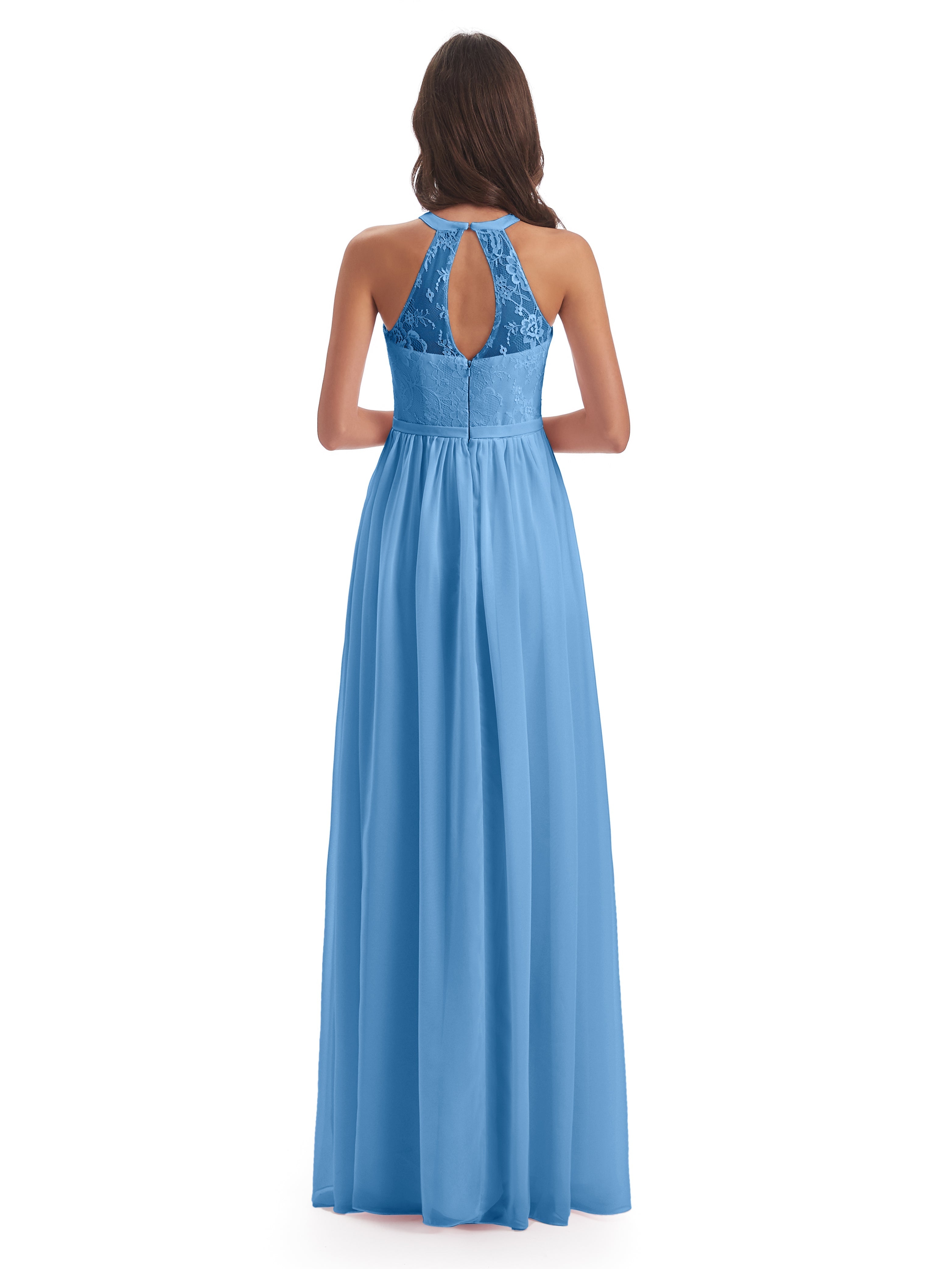 Robes De Demoiselle D'Honneur Bleu Bébé Fendue Devant Licou Dentelle/Mousseline Robes Demoiselle D'Honneur