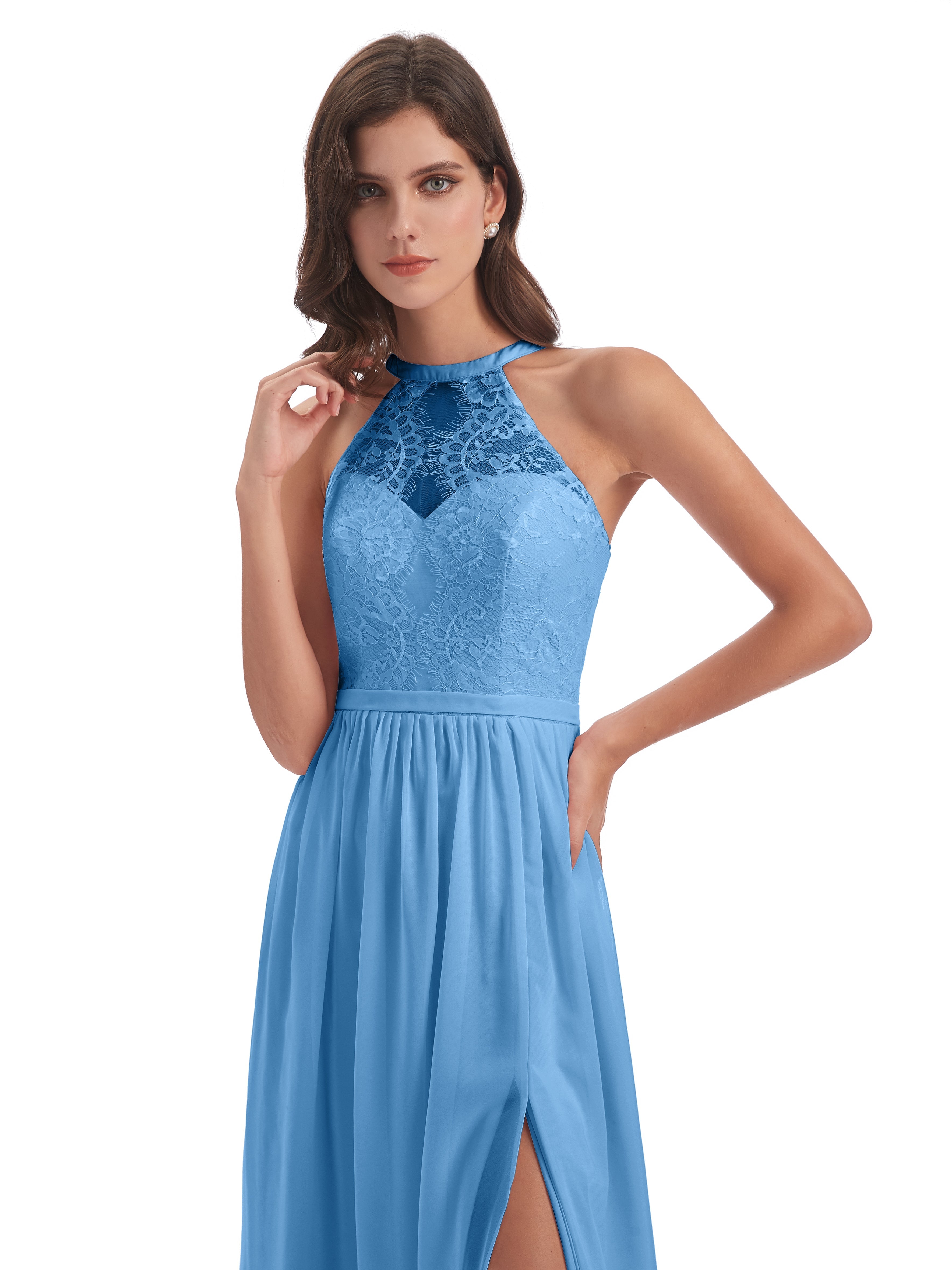 Robes De Demoiselle D'Honneur Bleu Bébé Fendue Devant Licou Dentelle/Mousseline Robes Demoiselle D'Honneur