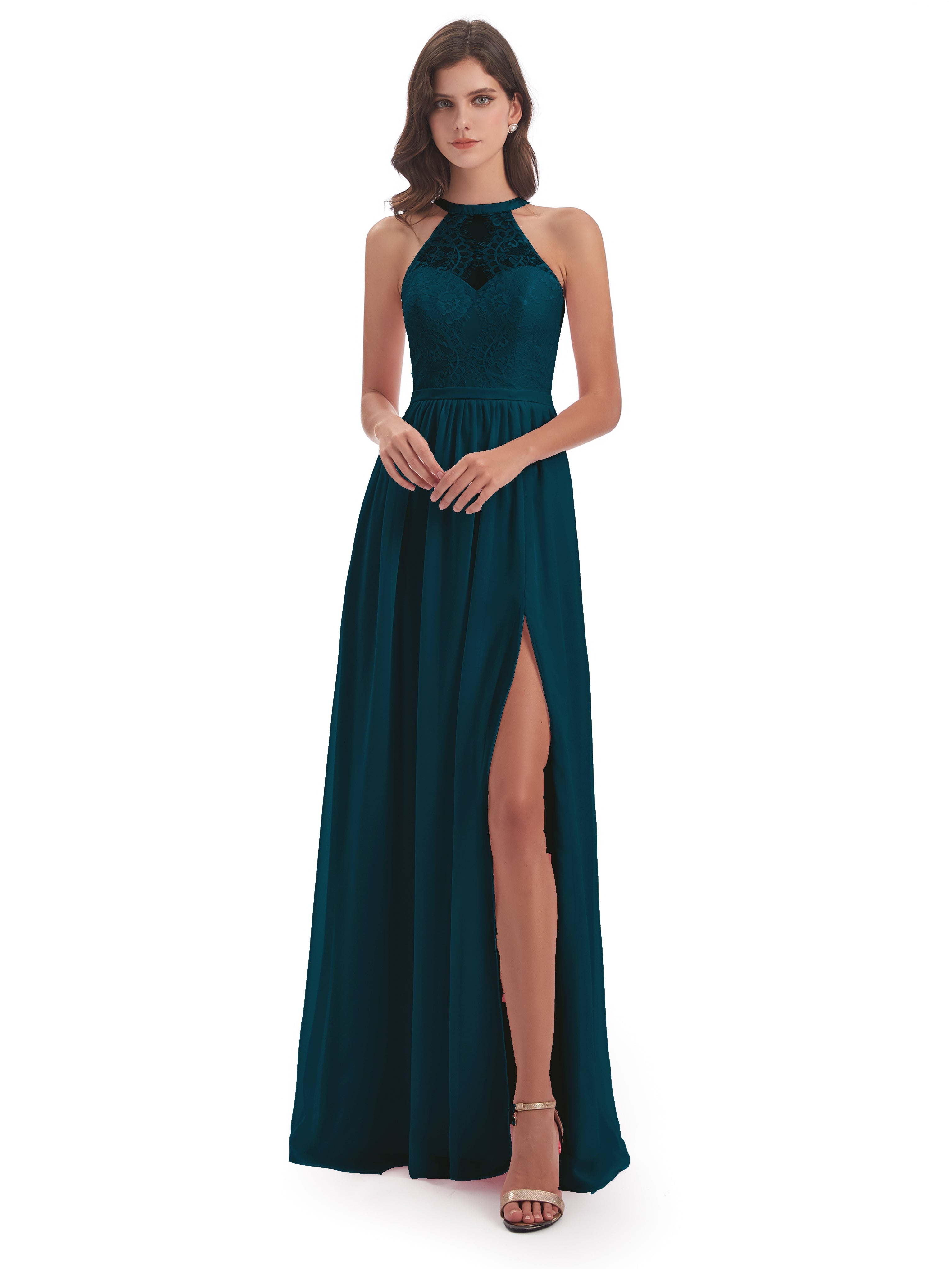 Robes De Demoiselle D'Honneur Bleu Encre Fendue Devant Licou Dentelle/Mousseline Robes Demoiselle D'Honneur