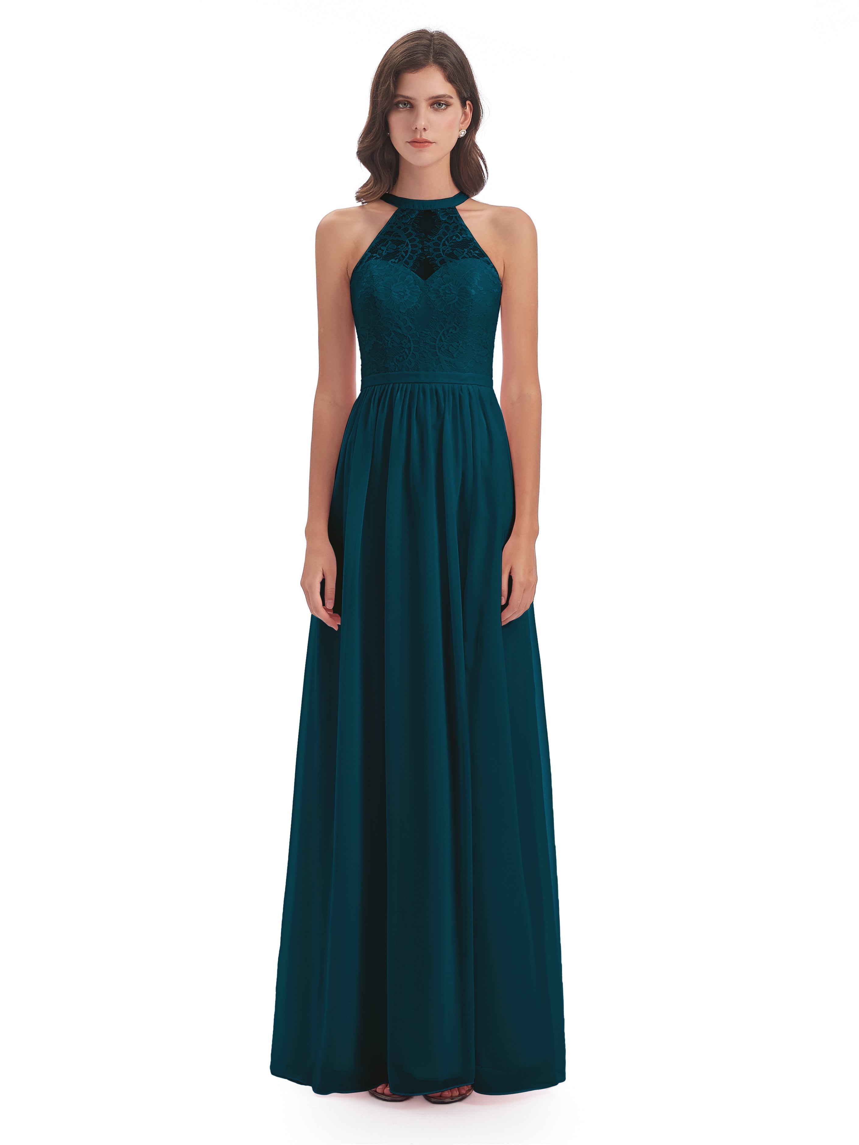 Robes De Demoiselle D'Honneur Bleu Encre Fendue Devant Licou Dentelle/Mousseline Robes Demoiselle D'Honneur