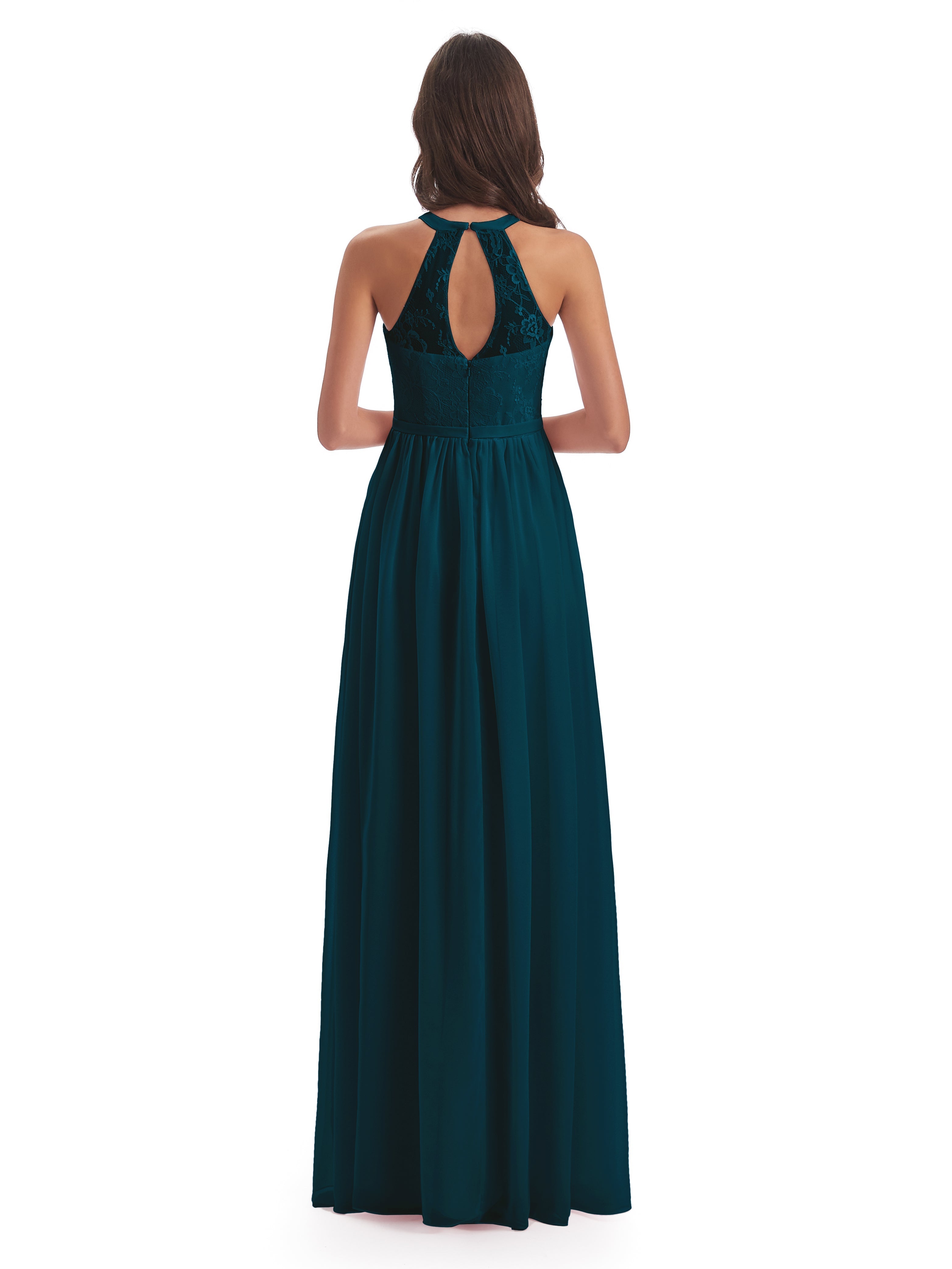 Robes De Demoiselle D'Honneur Bleu Encre Fendue Devant Licou Dentelle/Mousseline Robes Demoiselle D'Honneur