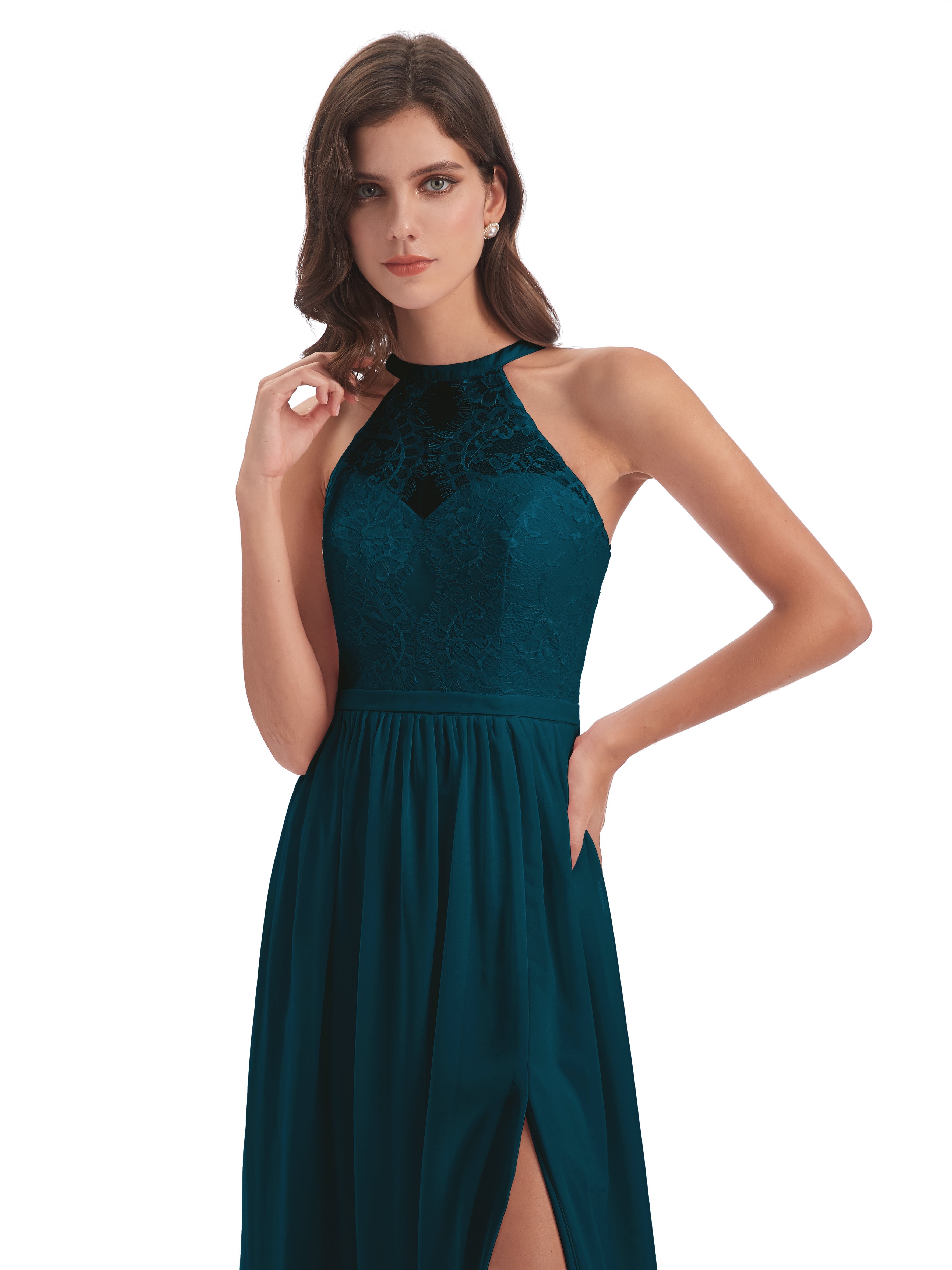 Robes De Demoiselle D'Honneur Bleu Encre Fendue Devant Licou Dentelle/Mousseline Robes Demoiselle D'Honneur