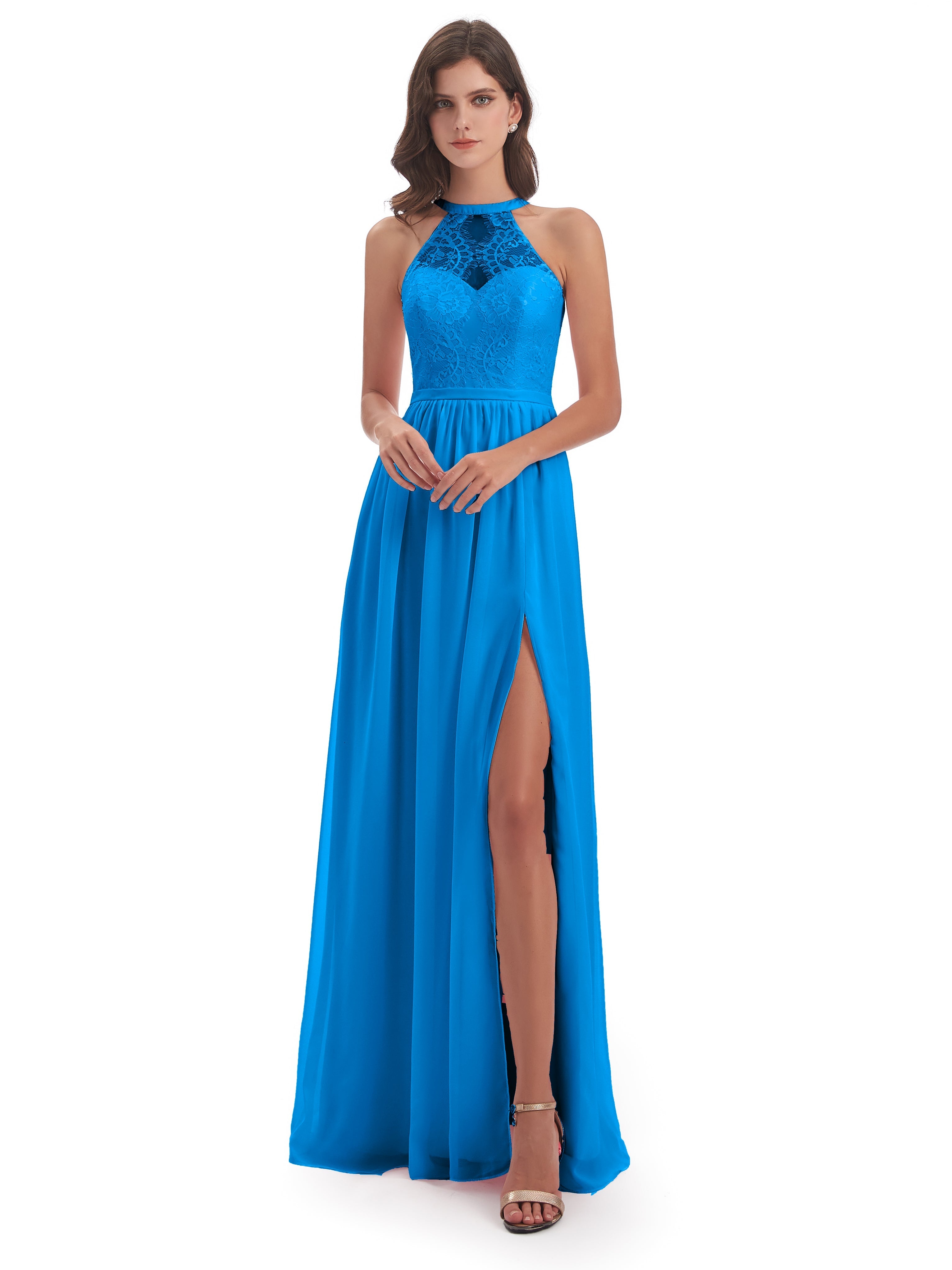 Robes De Demoiselle D'Honneur Bleu Océan Fendue Devant Licou Dentelle/Mousseline Robes Demoiselle D'Honneur
