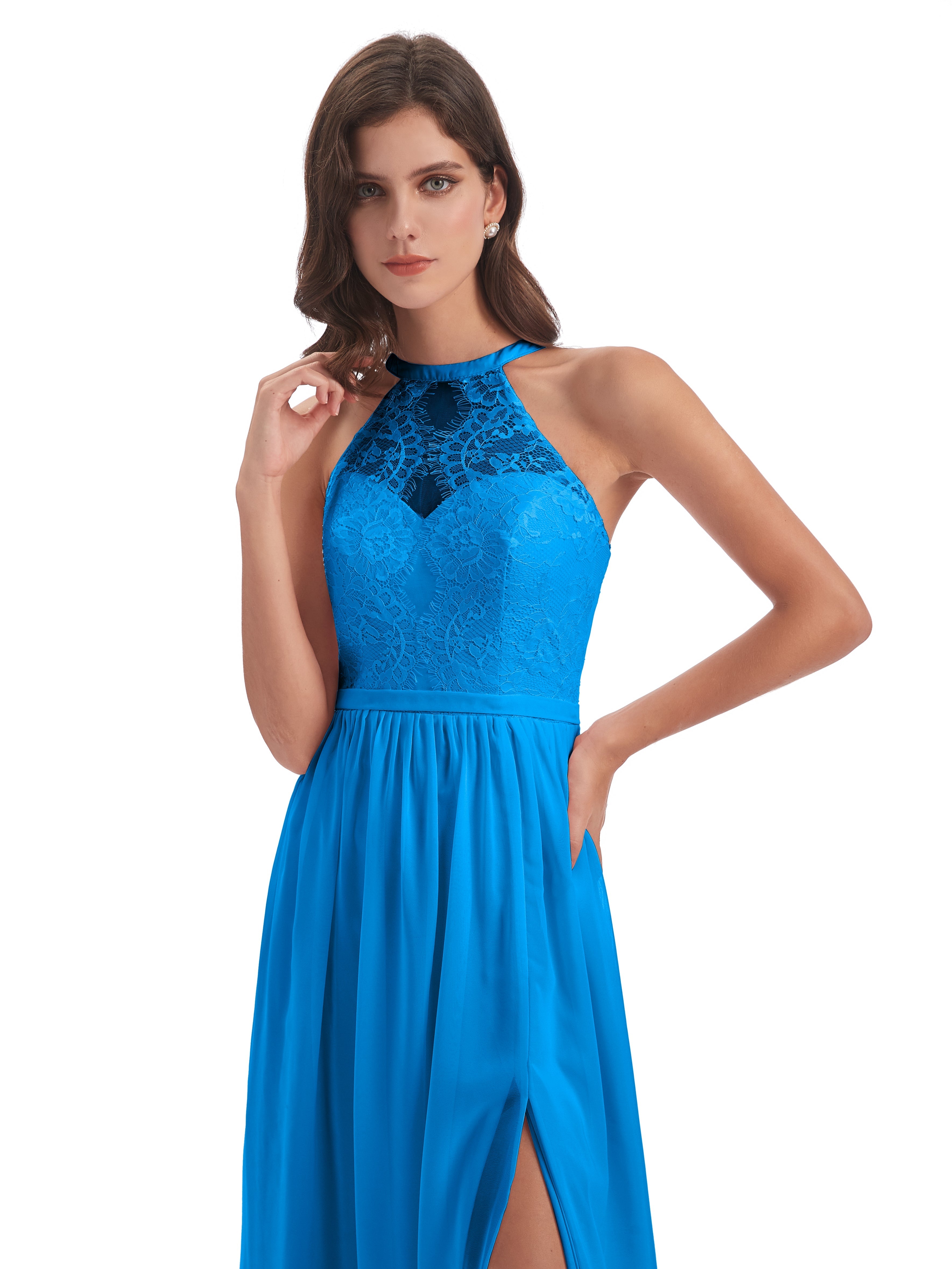 Robes De Demoiselle D'Honneur Bleu Océan Fendue Devant Licou Dentelle/Mousseline Robes Demoiselle D'Honneur