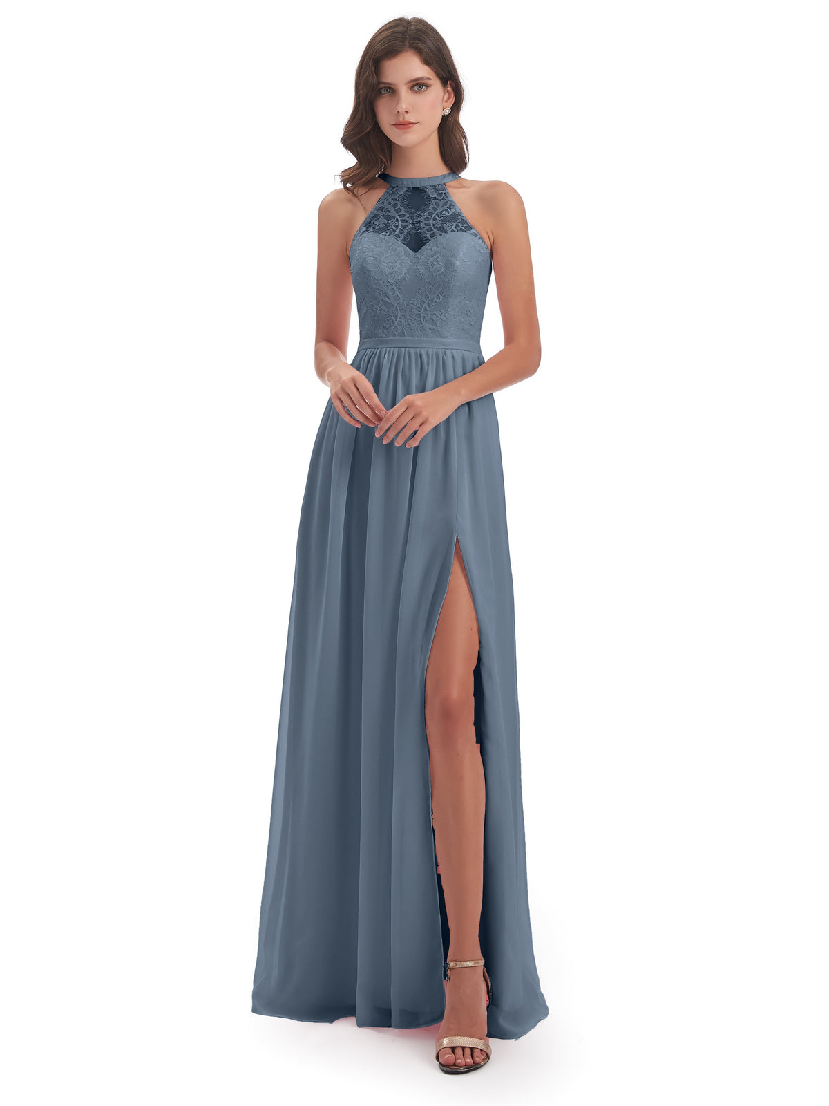 Robe Demoiselle D Honneur Bleu Poussiereux Fendue Devant Licou Dentelle/Mousseline Robes Demoiselle D'Honneur