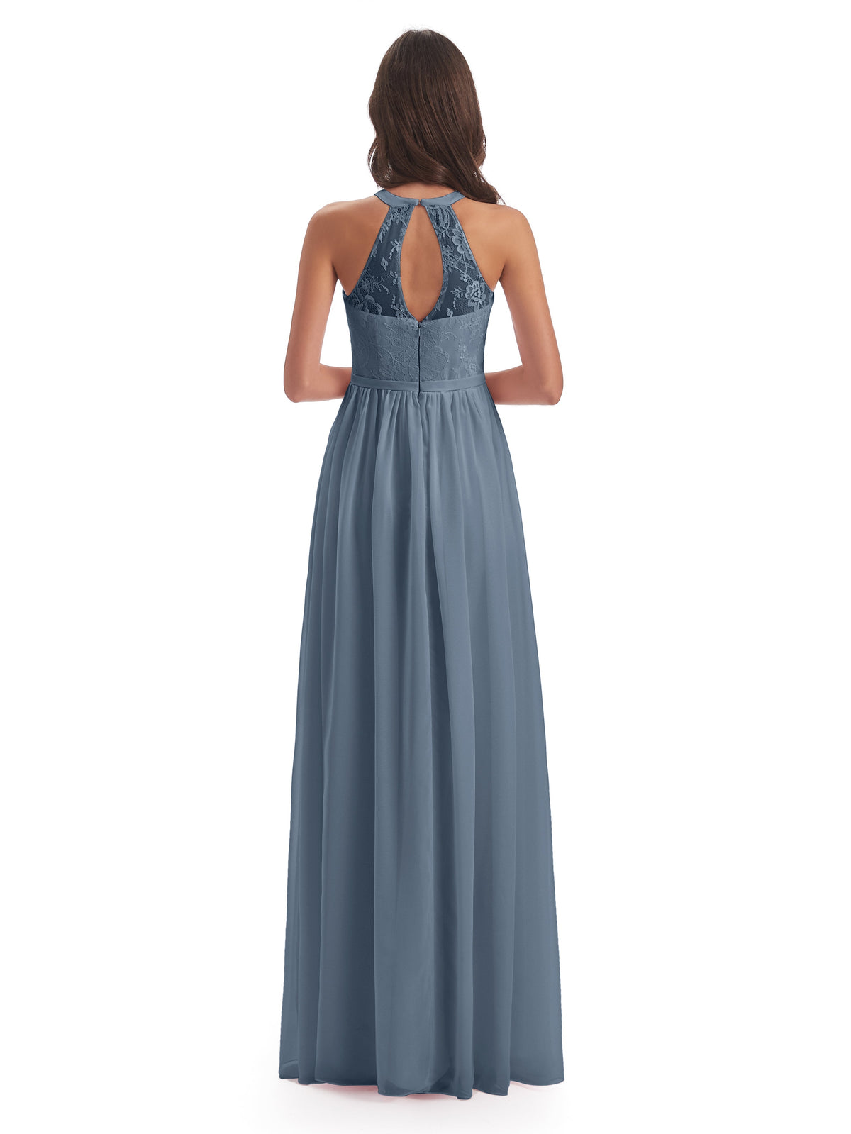 Robe Demoiselle D Honneur Bleu Poussiereux Fendue Devant Licou Dentelle/Mousseline Robes Demoiselle D'Honneur