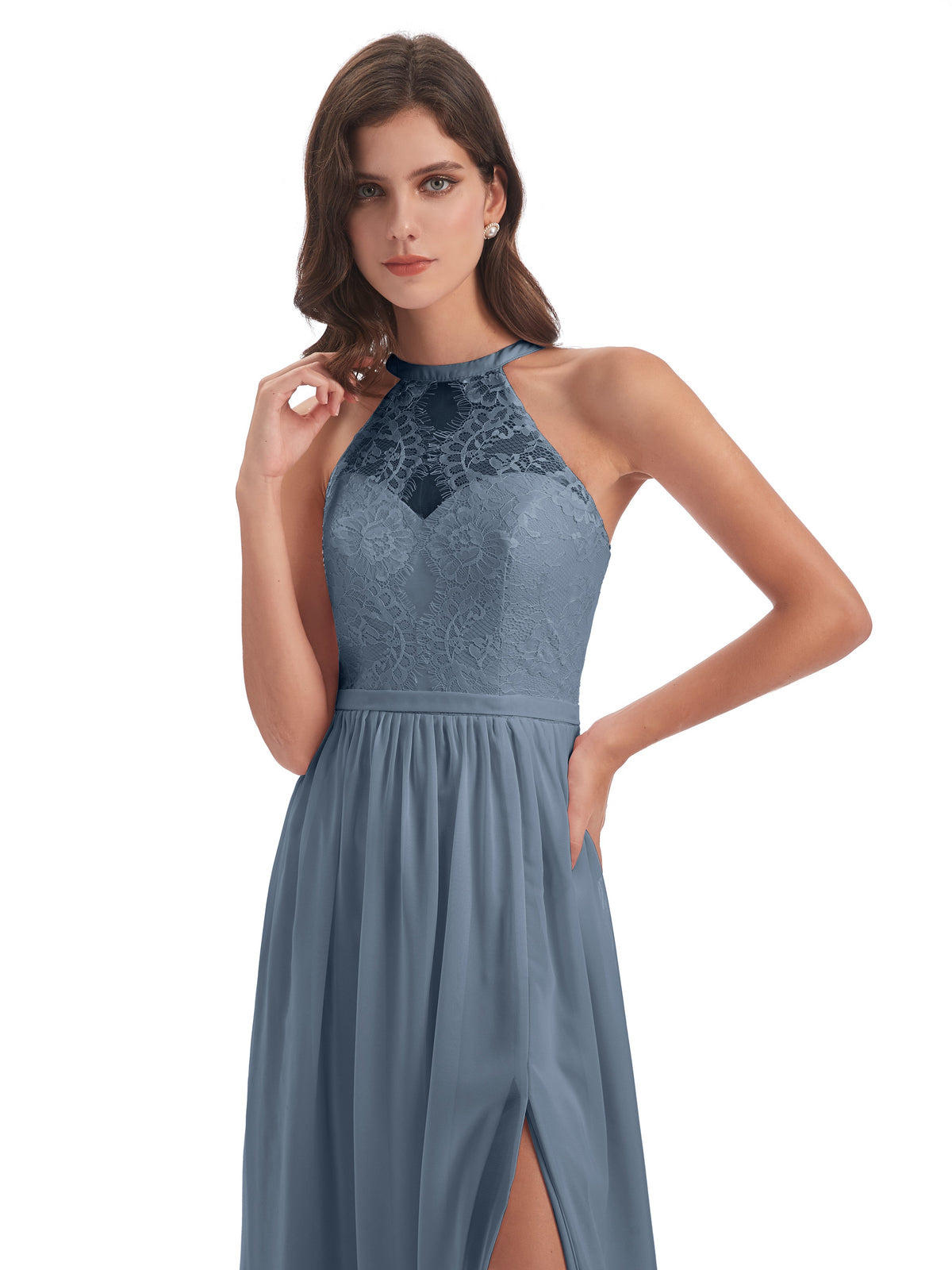 Robe Demoiselle D Honneur Bleu Poussiereux Fendue Devant Licou Dentelle/Mousseline Robes Demoiselle D'Honneur