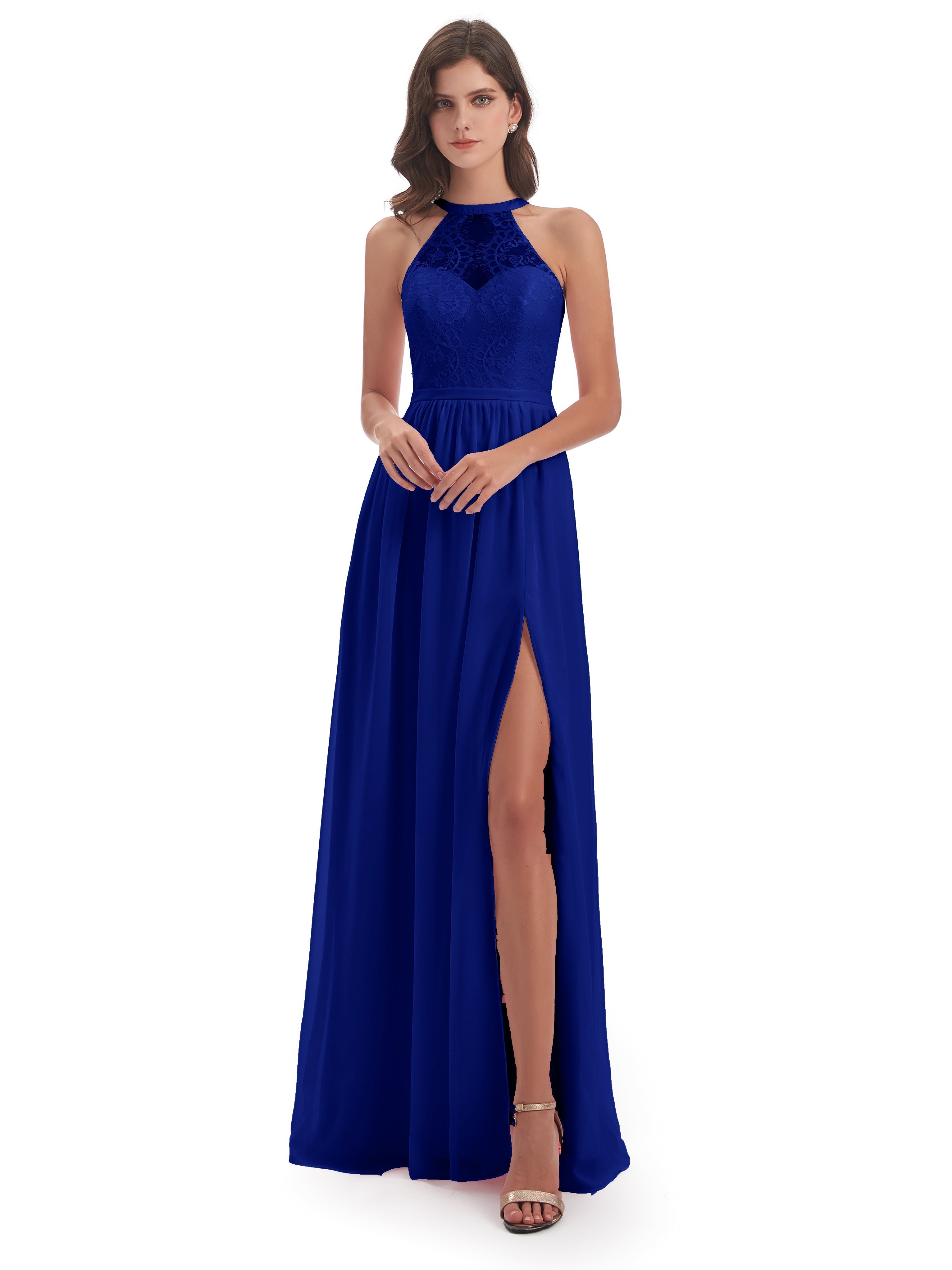 Robes De Demoiselle D'Honneur Bleu Royal Longues Fendue Devant Licou Dentelle/Mousseline Robes Demoiselle D'Honneur
