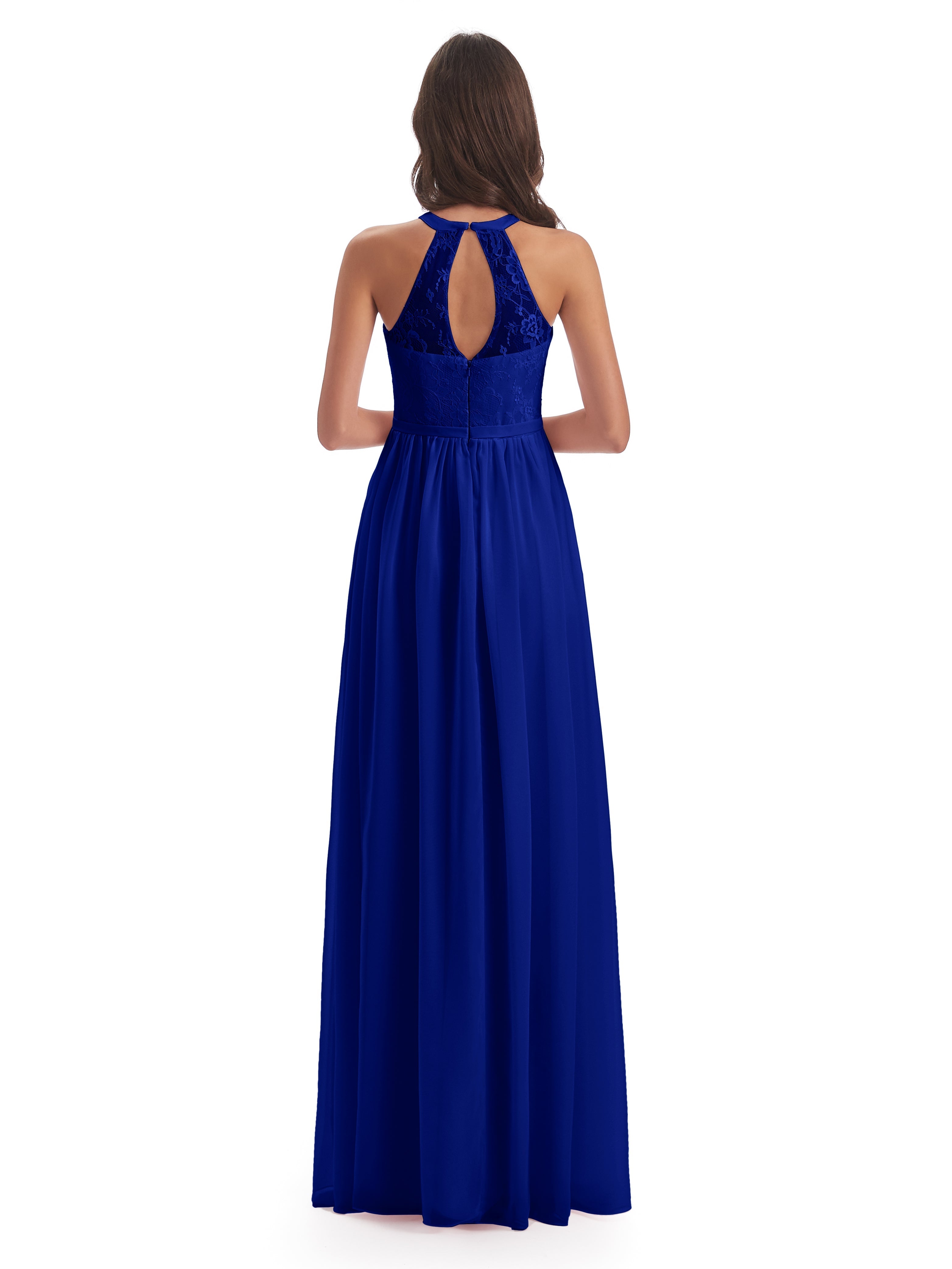 Robes De Demoiselle D'Honneur Bleu Royal Longues Fendue Devant Licou Dentelle/Mousseline Robes Demoiselle D'Honneur