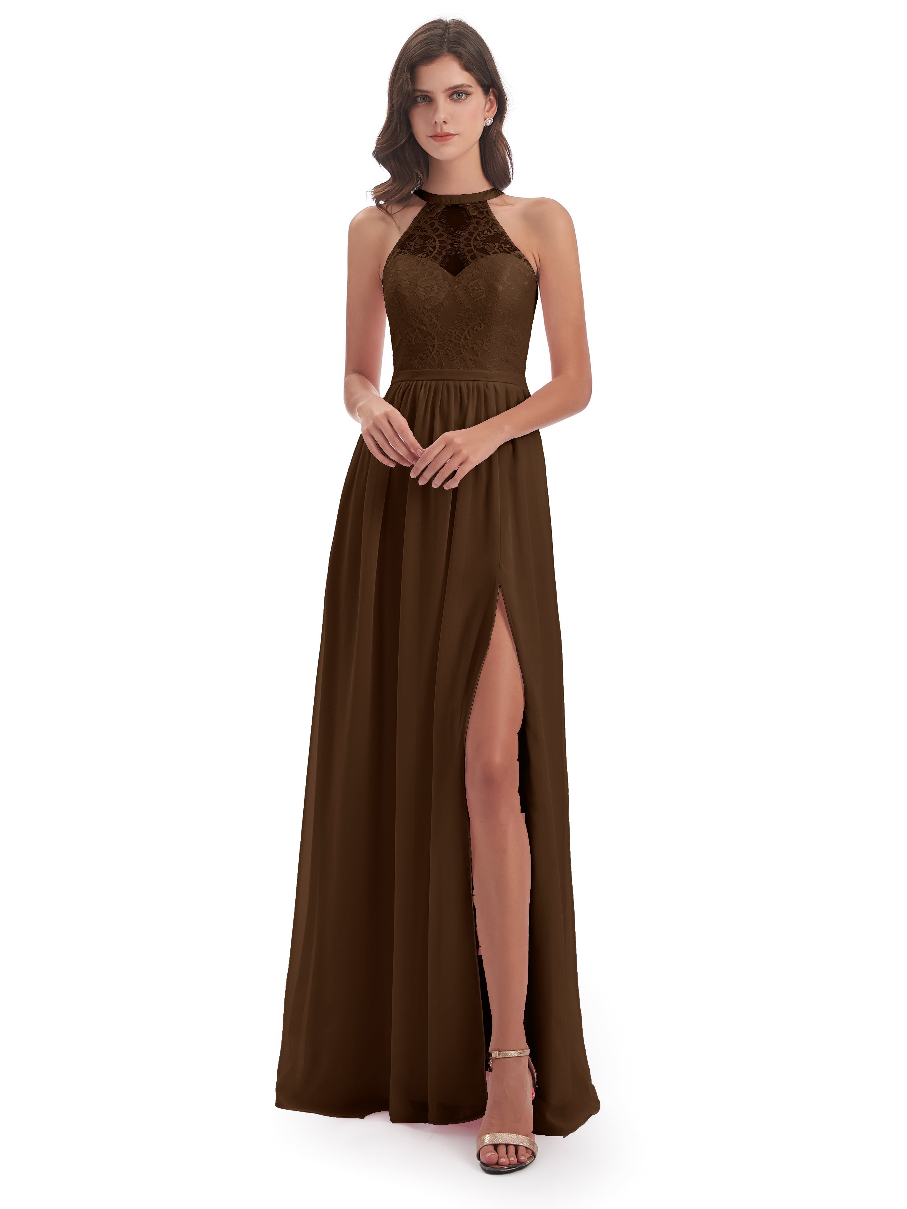 Robe Demoiselle D Honneur Brun Fendue Devant Licou Dentelle/Mousseline Robes Demoiselle D'Honneur