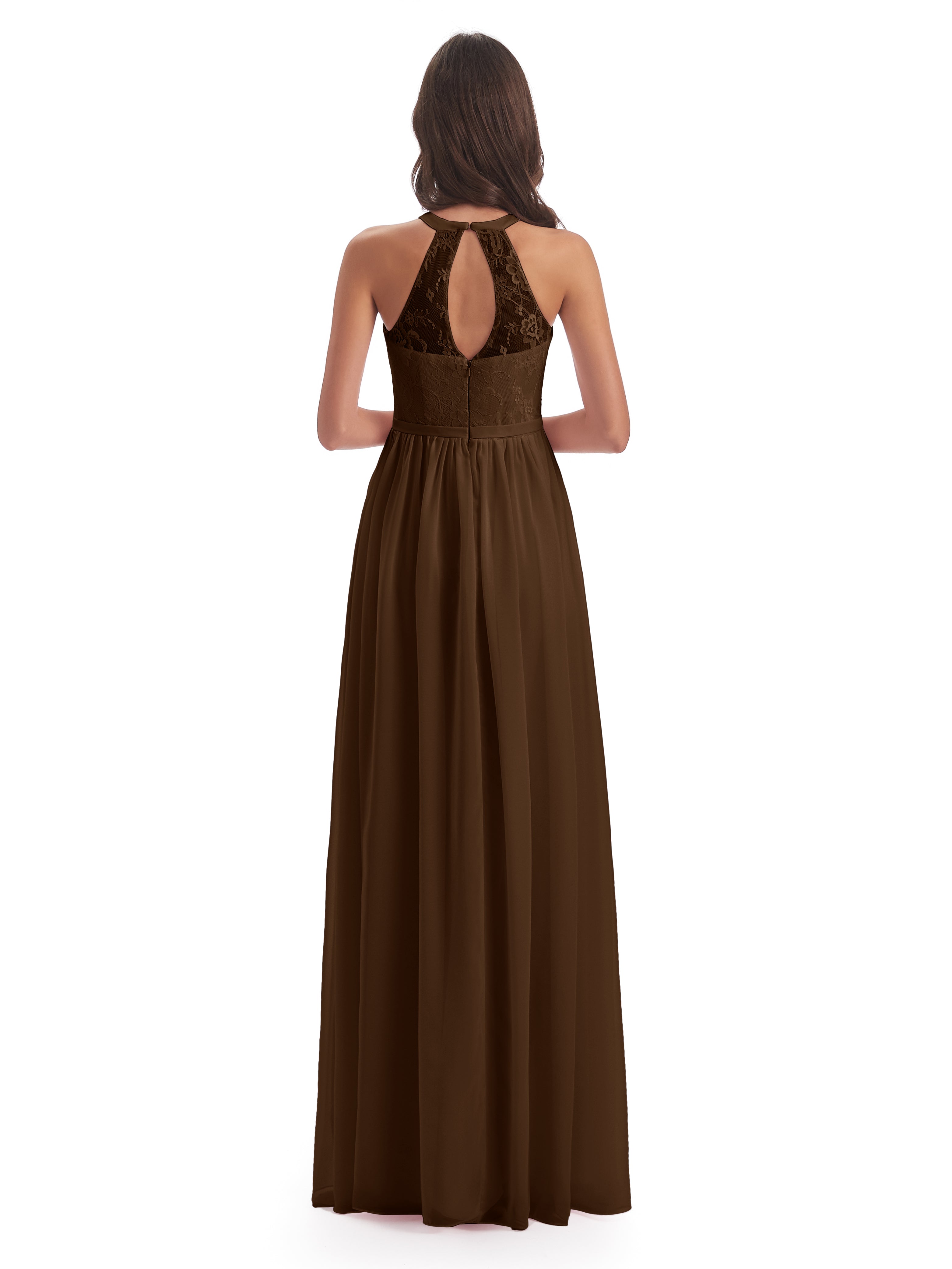 Robe Demoiselle D Honneur Brun Fendue Devant Licou Dentelle/Mousseline Robes Demoiselle D'Honneur