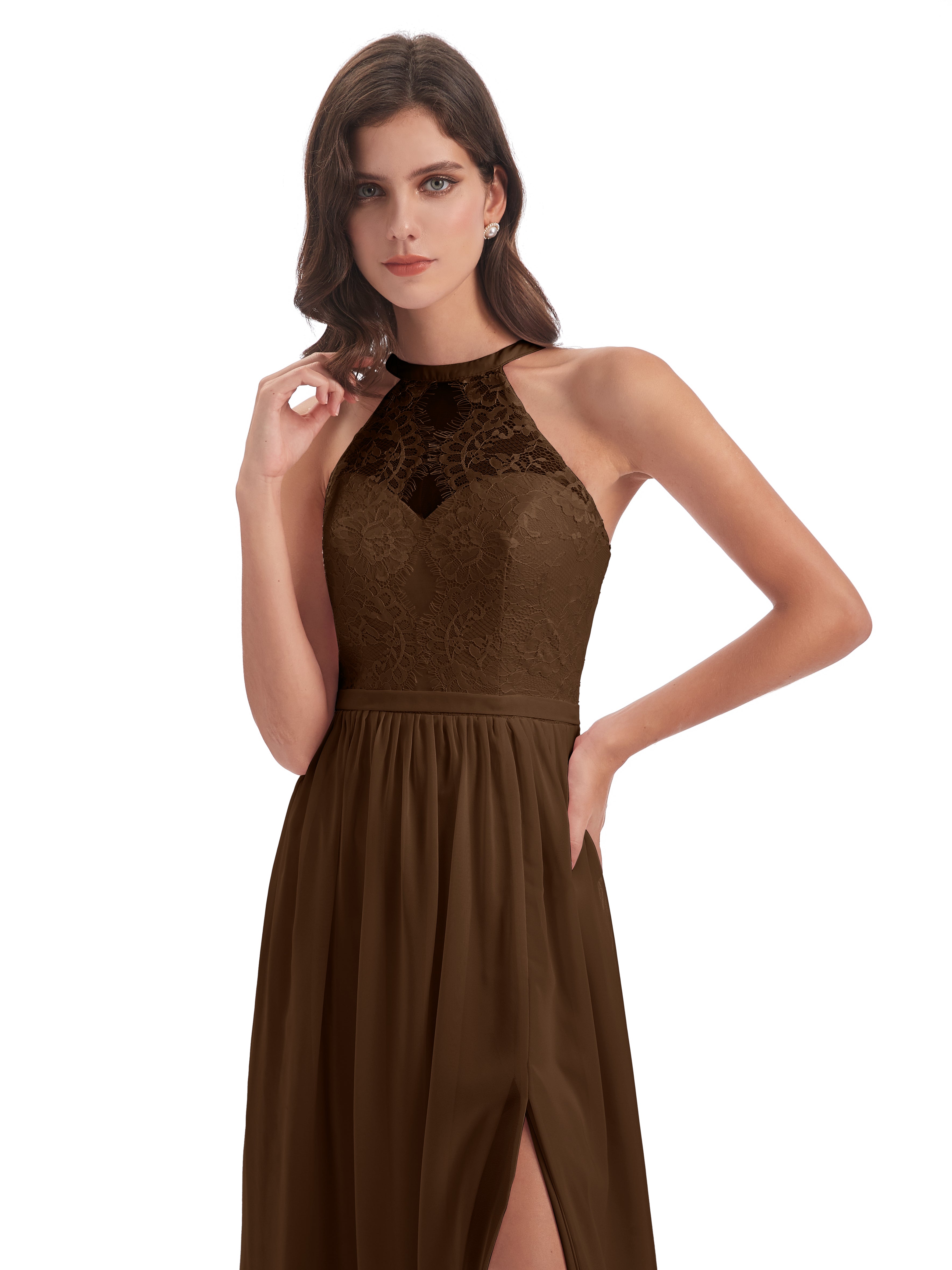 Robe Demoiselle D Honneur Brun Fendue Devant Licou Dentelle/Mousseline Robes Demoiselle D'Honneur