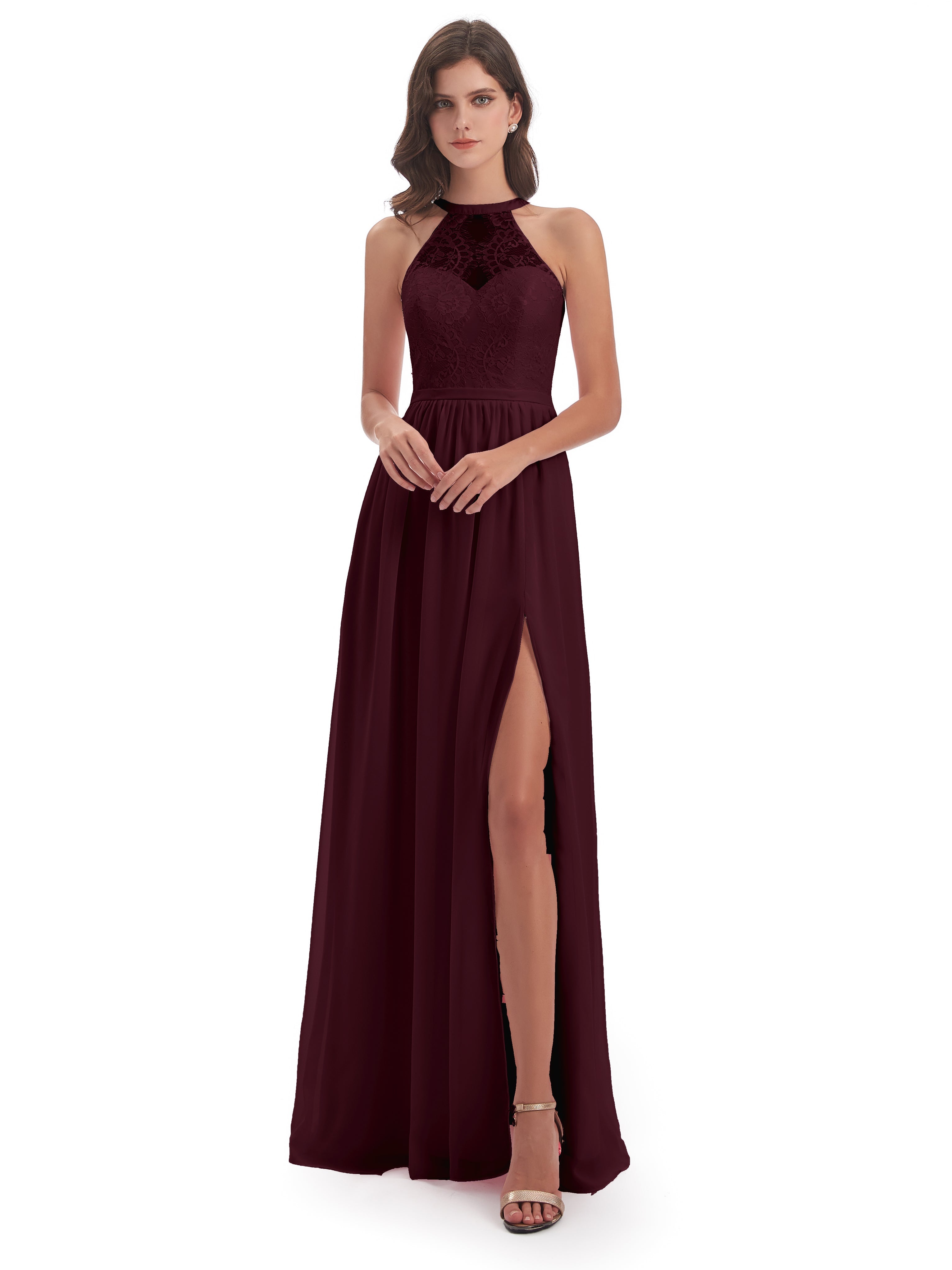 Robes De Demoiselle D'Honneur Cabernet Fendue Devant Licou Dentelle/Mousseline Robes Demoiselle D'Honneur