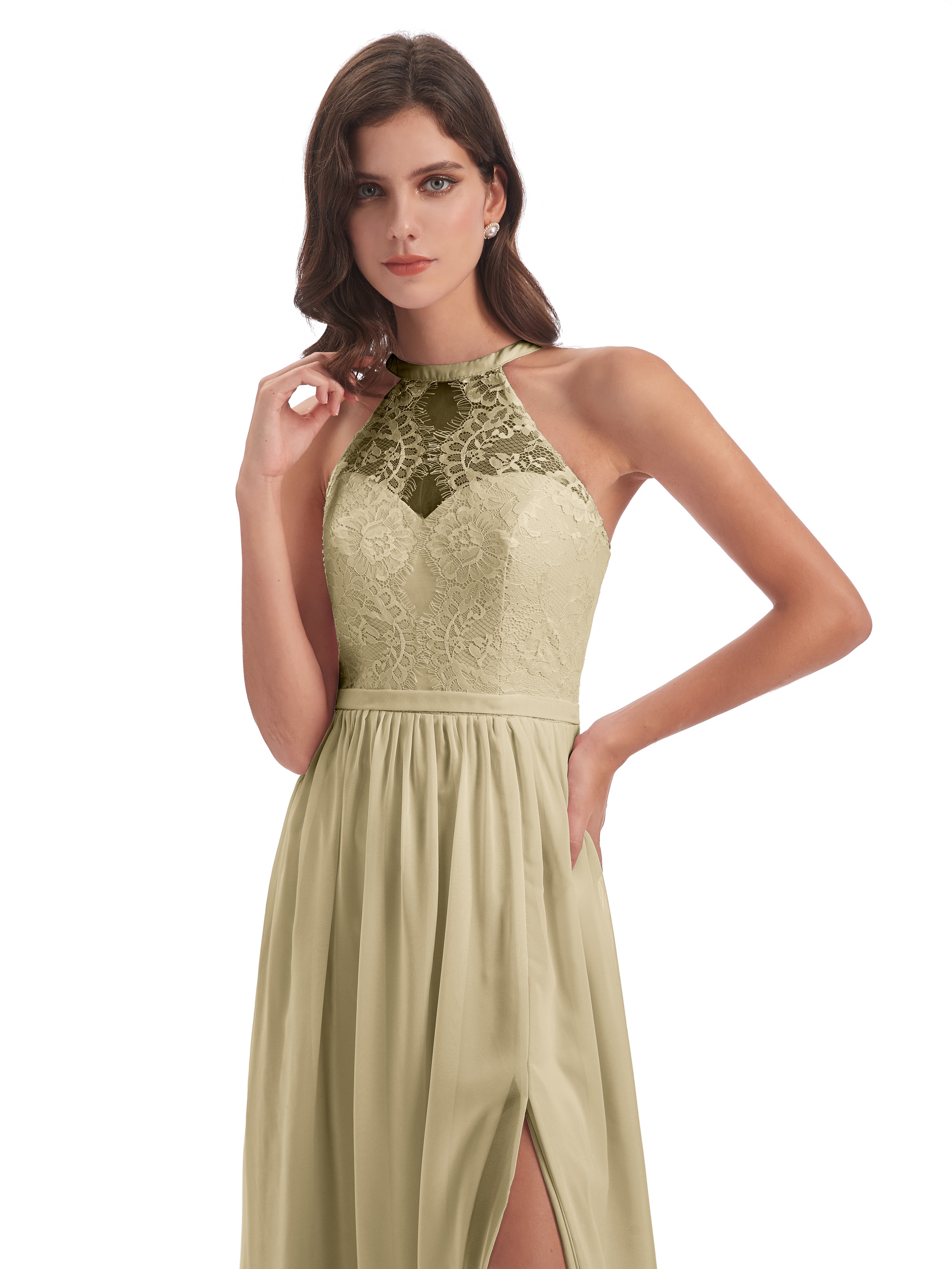 Robes De Demoiselle D'Honneur Champagne Longues Fendue Devant Licou Dentelle/Mousseline Robes Demoiselle D'Honneur