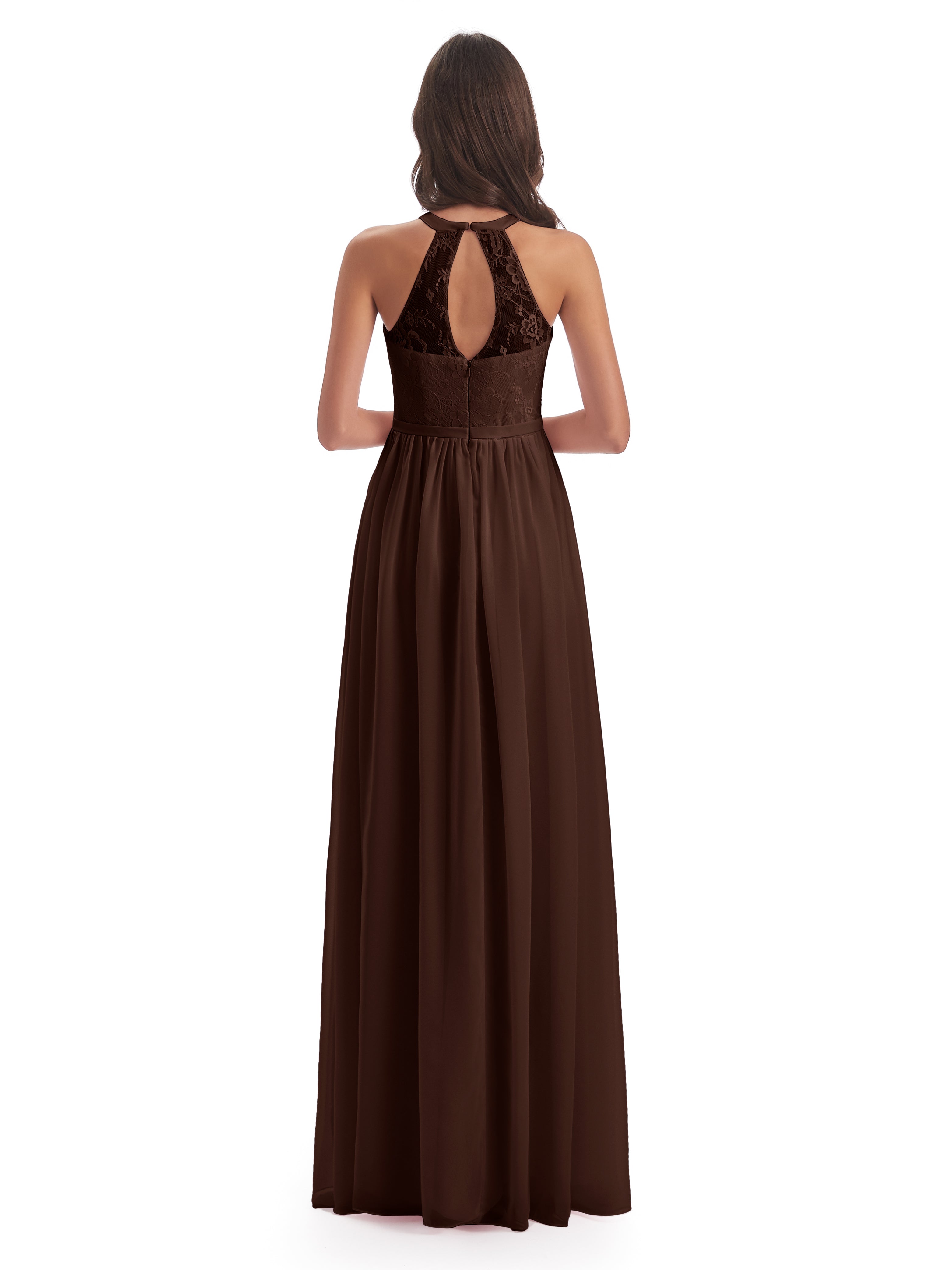 Robe Chocolat Demoiselle D Honneur Fendue Devant Licou Dentelle/Mousseline Robes Demoiselle D'Honneur