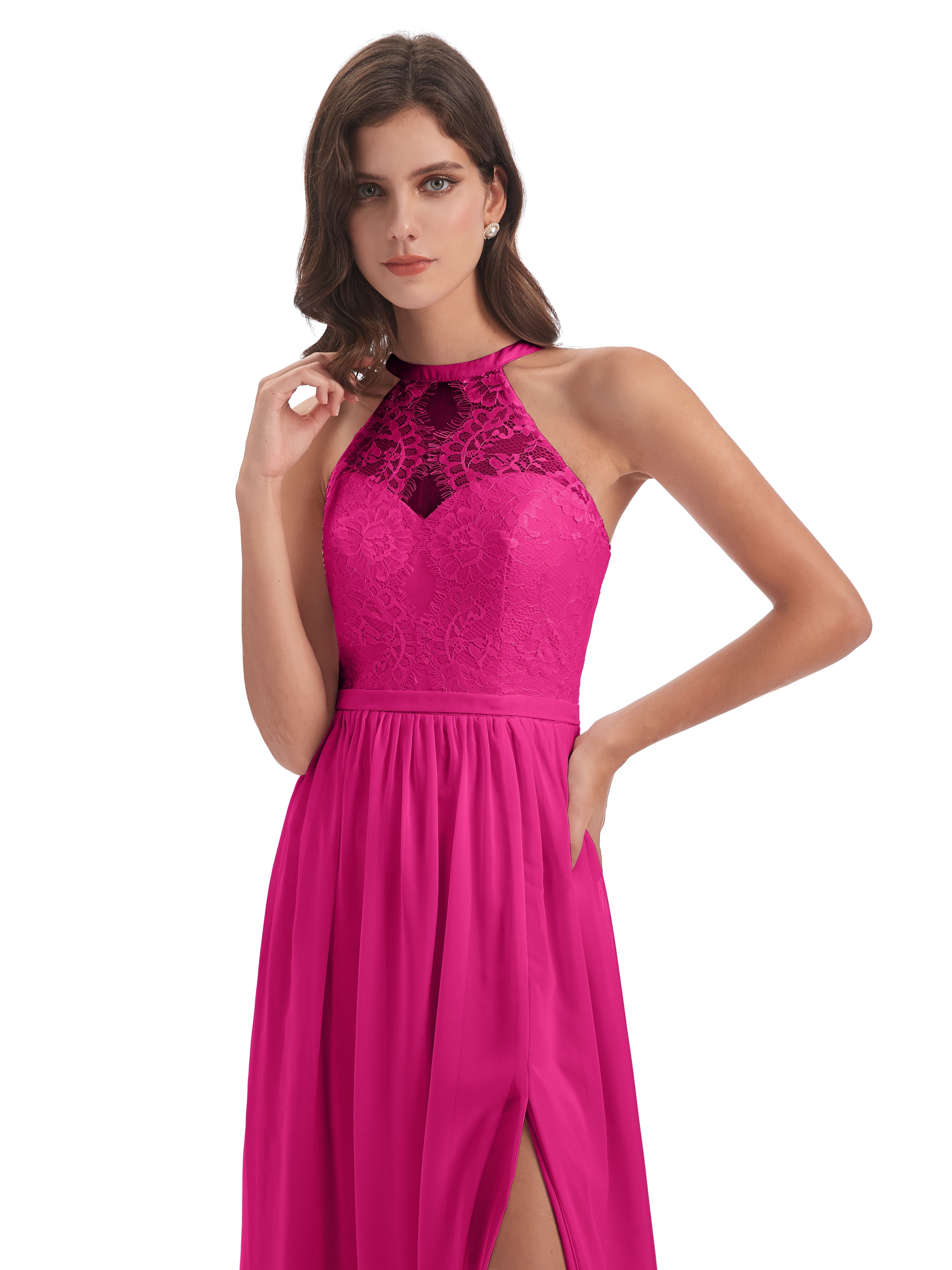 Robes De Demoiselle D'Honneur Couleur Fuchsia Rose Fendue Devant Licou Dentelle/Mousseline Robes Demoiselle D'Honneur