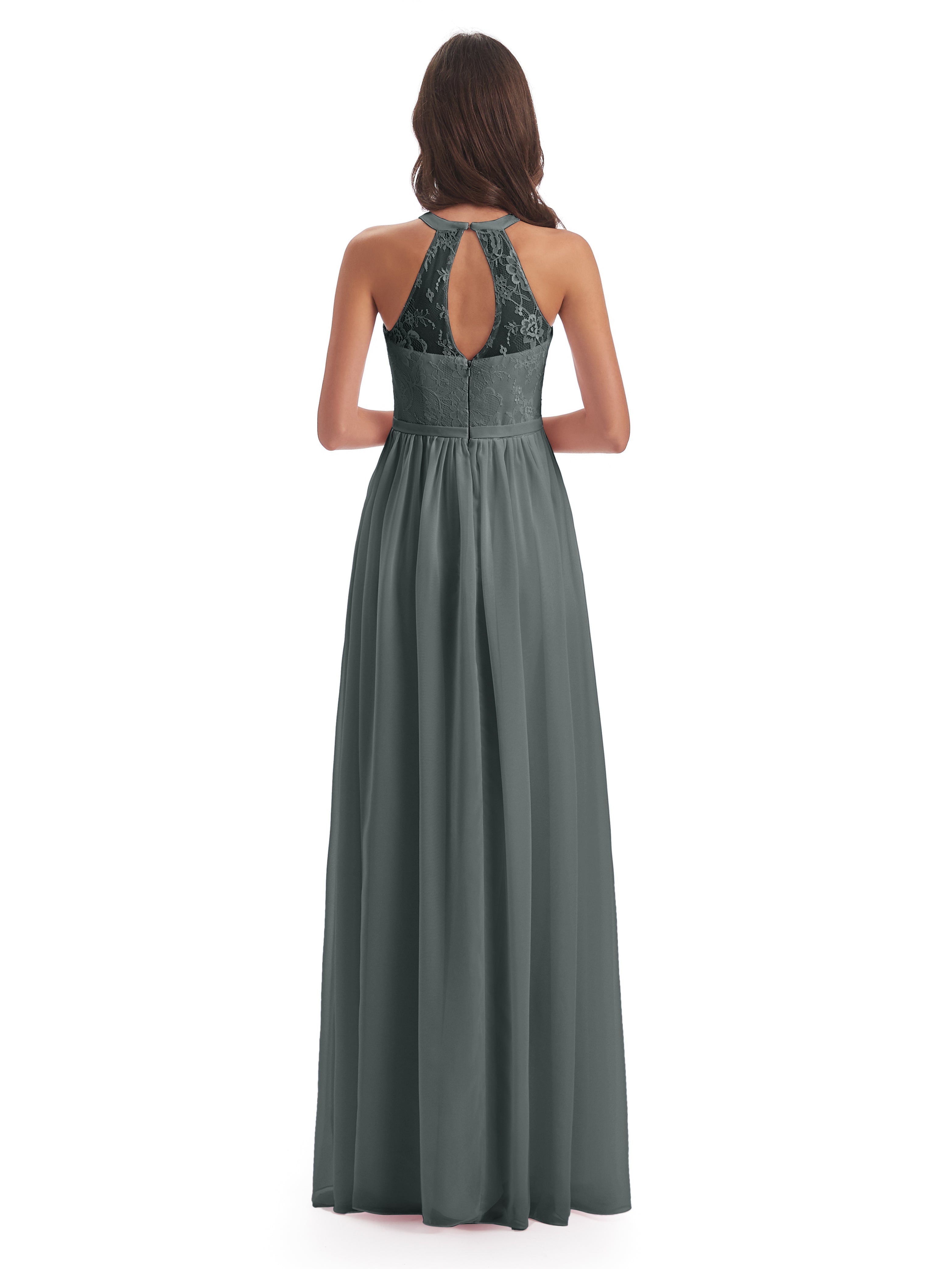 Robe Demoiselle D Honneur Gris Argenté Fendue Devant Licou Dentelle/Mousseline Robes Demoiselle D'Honneur
