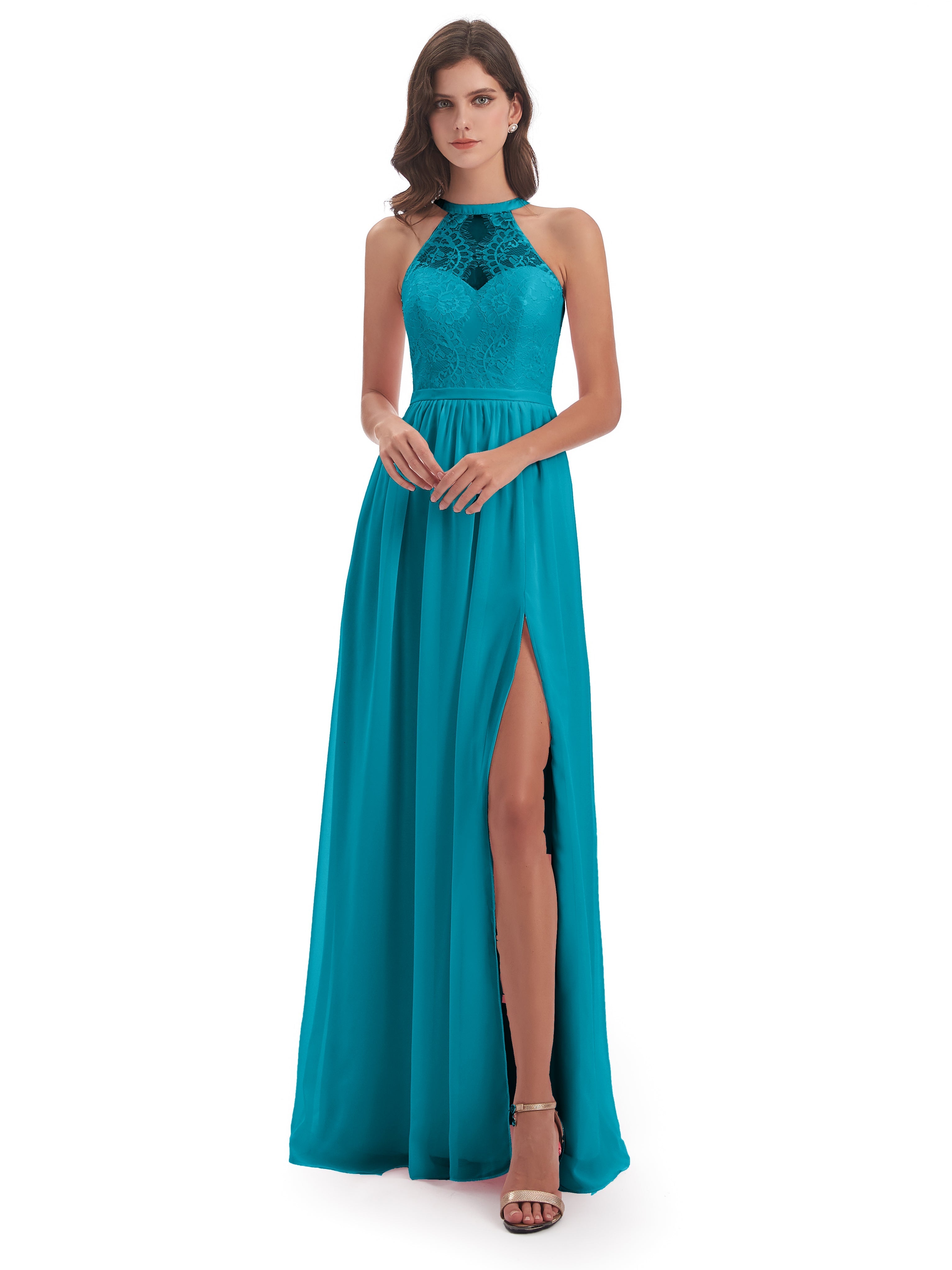 Robes De Demoiselle D'Honneur Vert Jade Fendue Devant Licou Dentelle/Mousseline Robes Demoiselle D'Honneur
