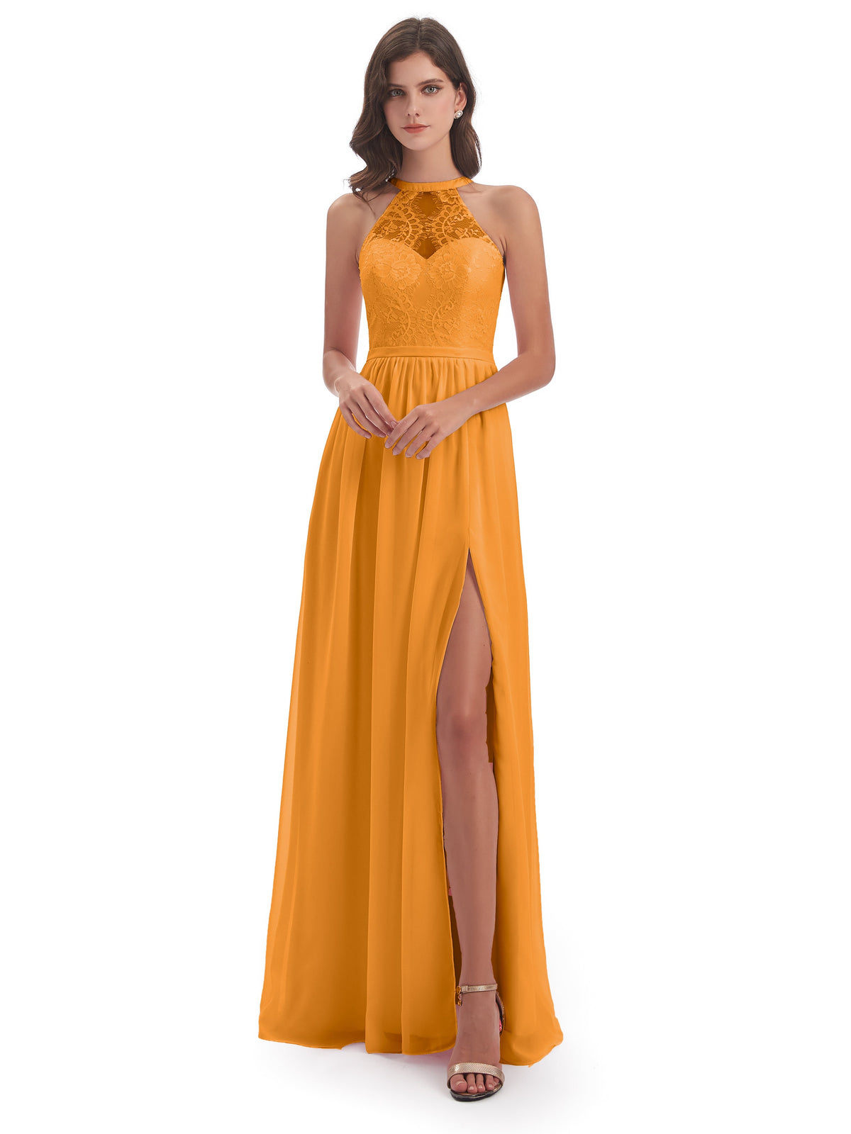 Robes De Demoiselle D'Honneur Mandarine Fendue Devant Licou Dentelle/Mousseline Robes Demoiselle D'Honneur