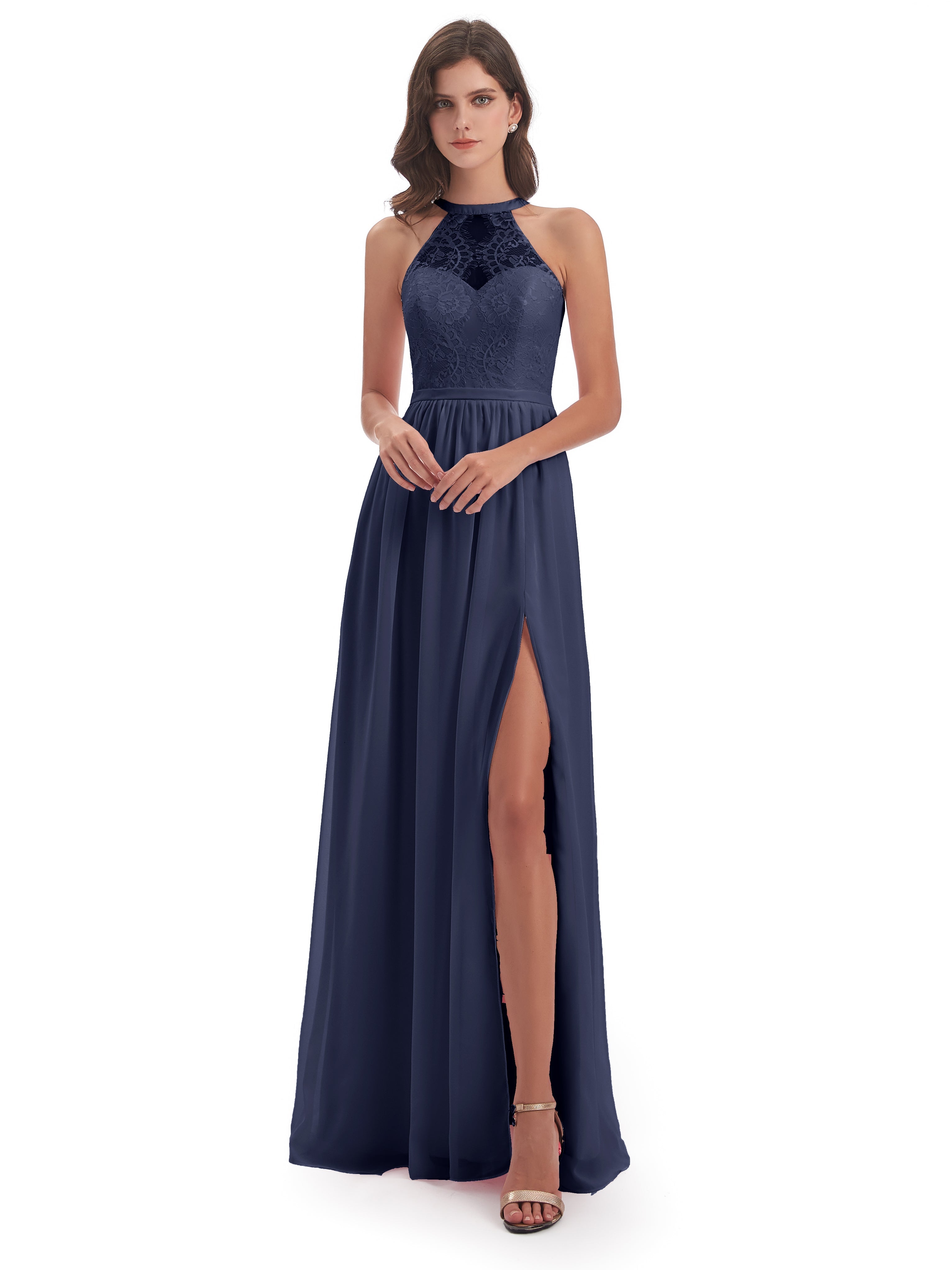 Robes De Demoiselle D'Honneur Bleu Orageux Fendue Devant Licou Dentelle/Mousseline Robes Demoiselle D'Honneur