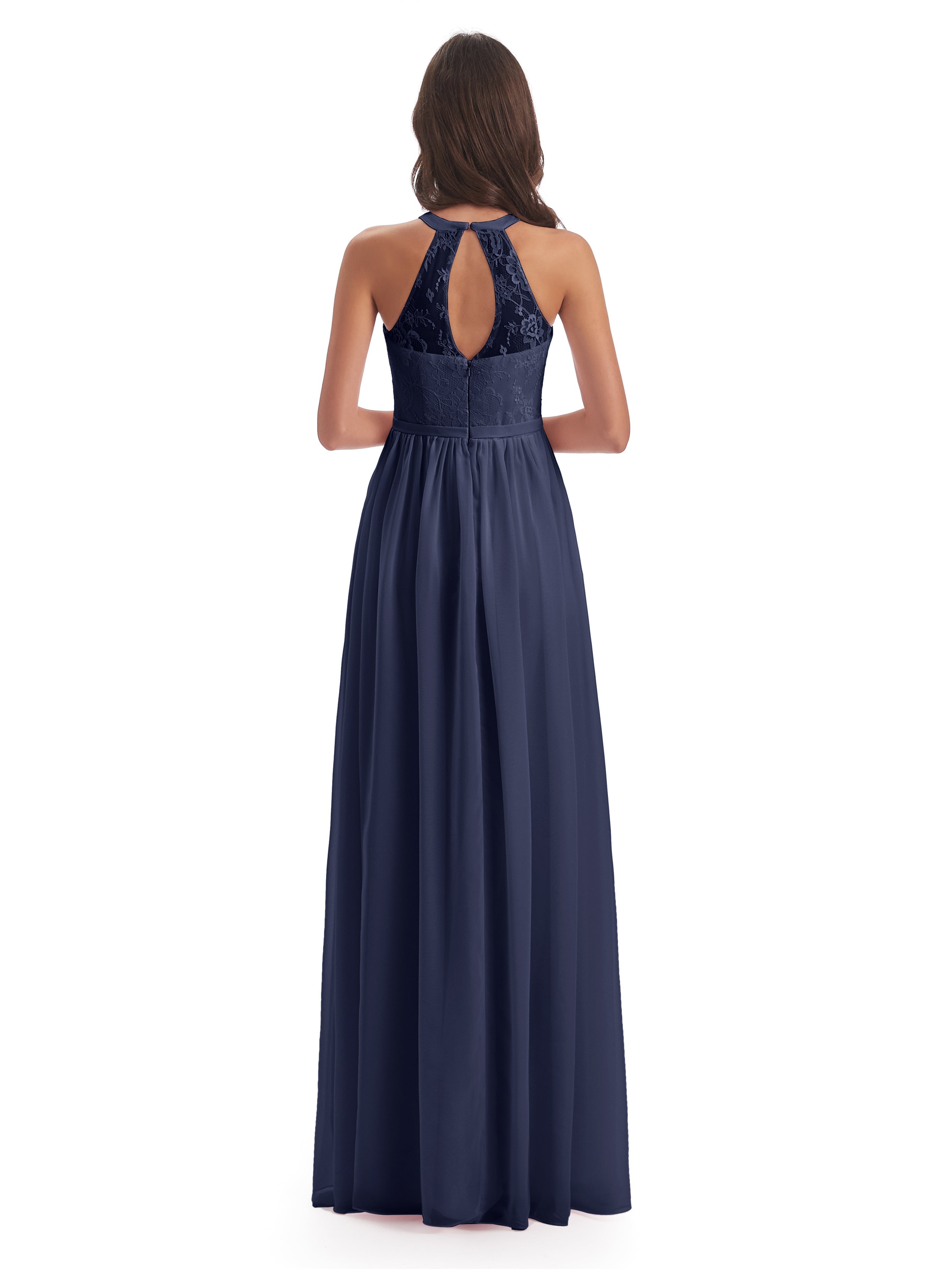 Robes De Demoiselle D'Honneur Bleu Orageux Fendue Devant Licou Dentelle/Mousseline Robes Demoiselle D'Honneur