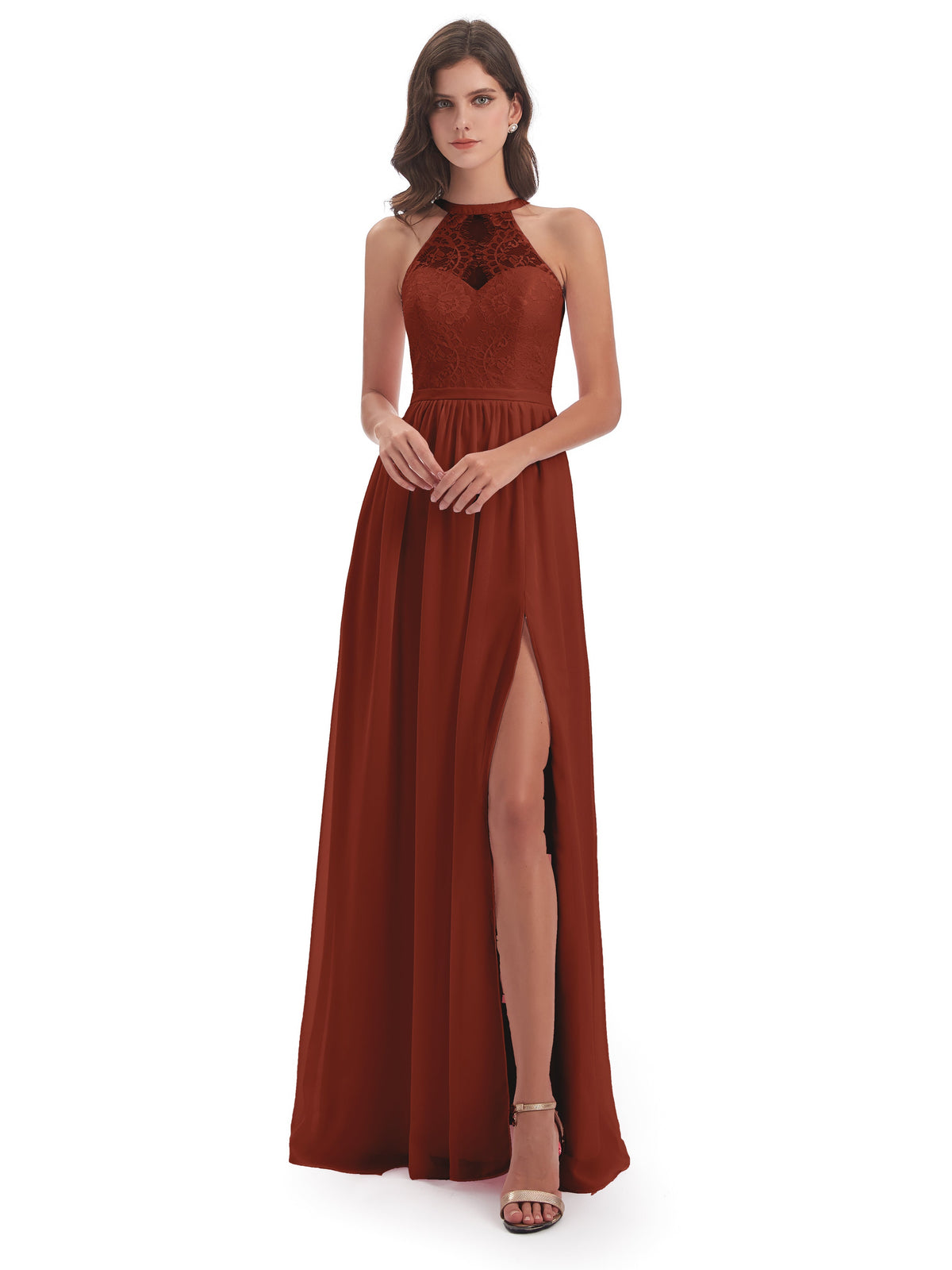 Longues Robes De Demoiselle D'Honneur De Rouille Fendue Devant Licou Dentelle/Mousseline Robes Demoiselle D'Honneur