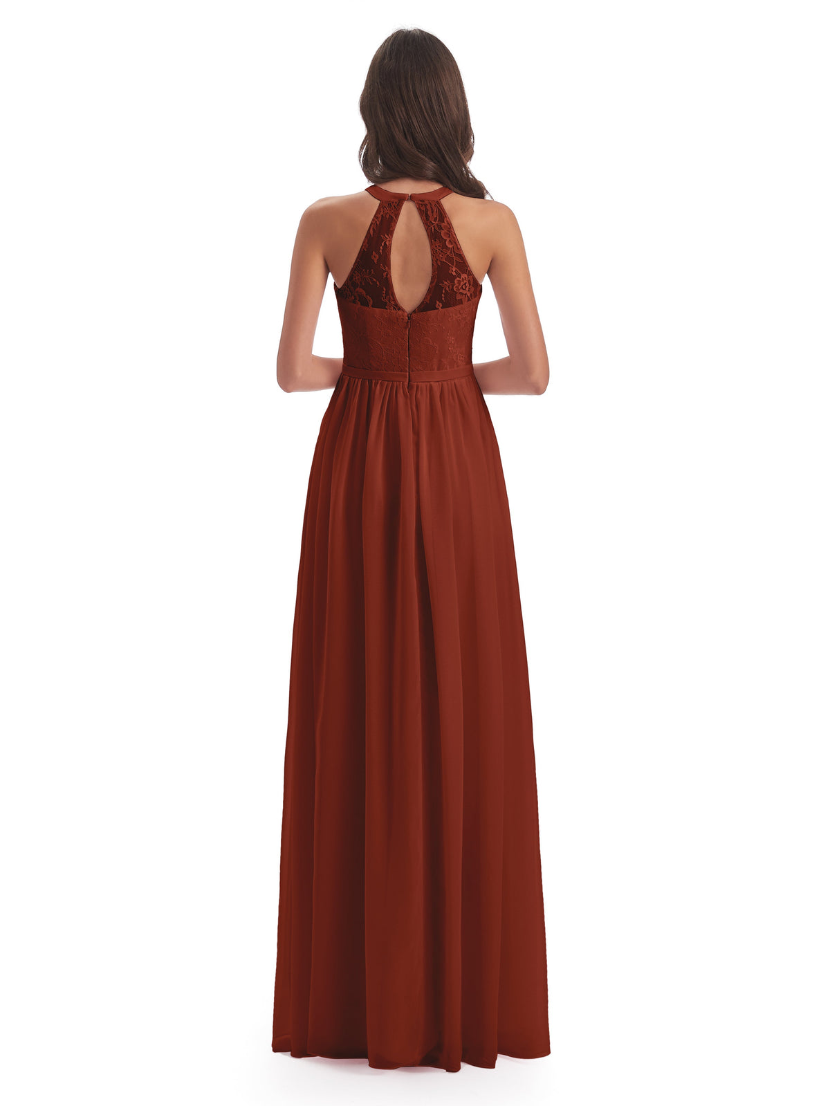 Longues Robes De Demoiselle D'Honneur De Rouille Fendue Devant Licou Dentelle/Mousseline Robes Demoiselle D'Honneur