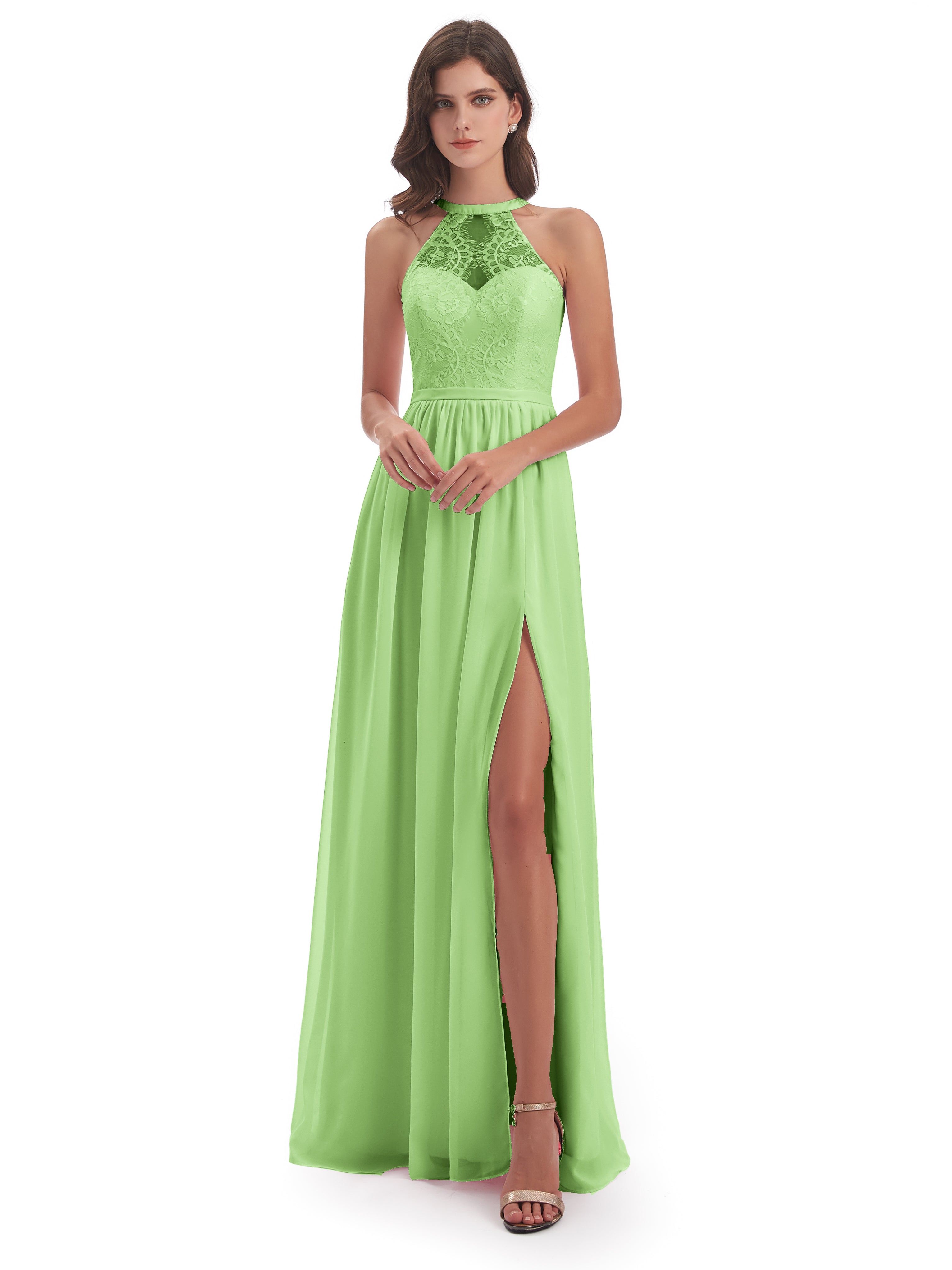 Robe Vert Sauge Demoiselle D Honneur Fendue Devant Licou Dentelle/Mousseline Robes Demoiselle D'Honneur