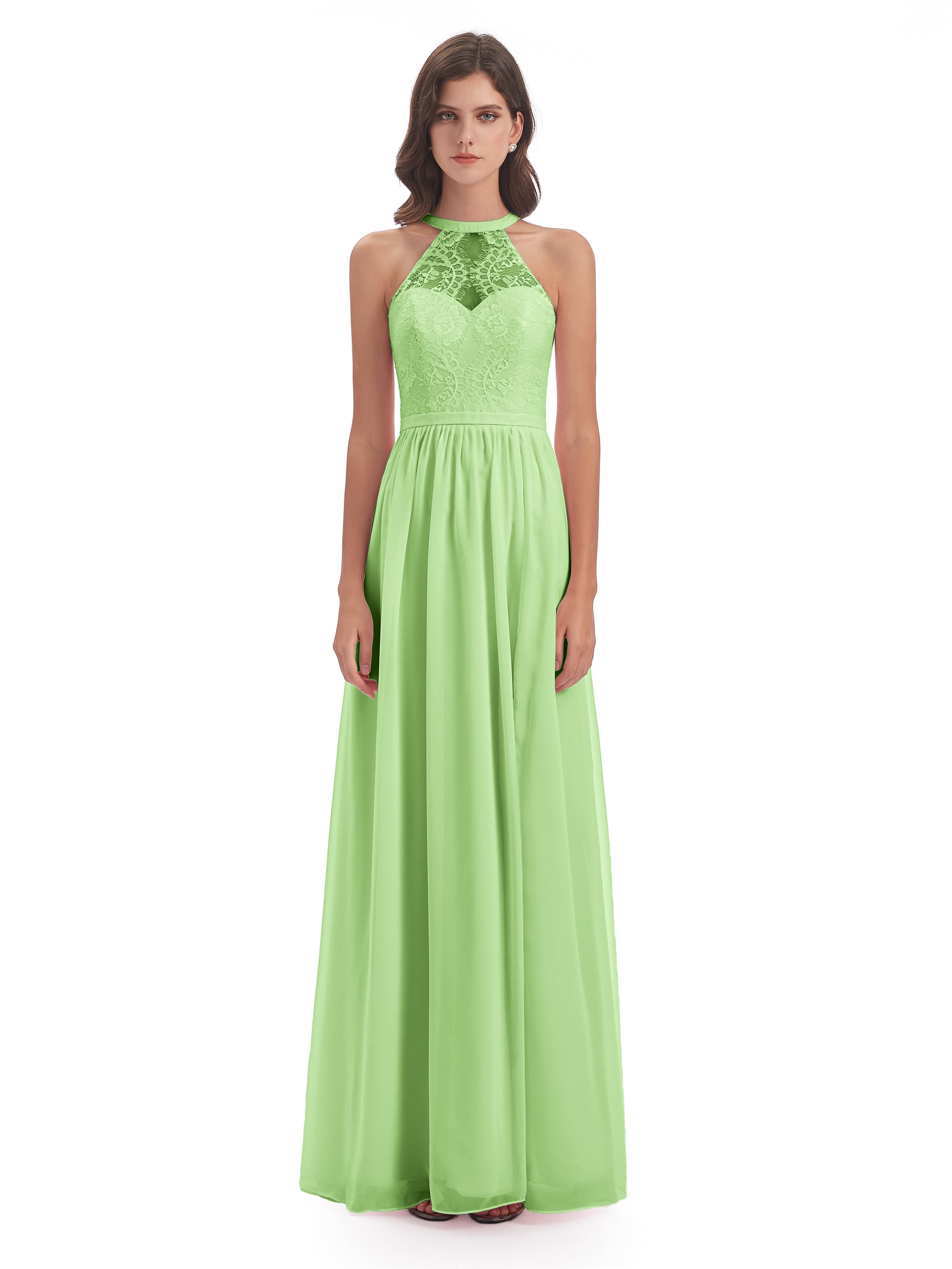 Robe Vert Sauge Demoiselle D Honneur Fendue Devant Licou Dentelle/Mousseline Robes Demoiselle D'Honneur