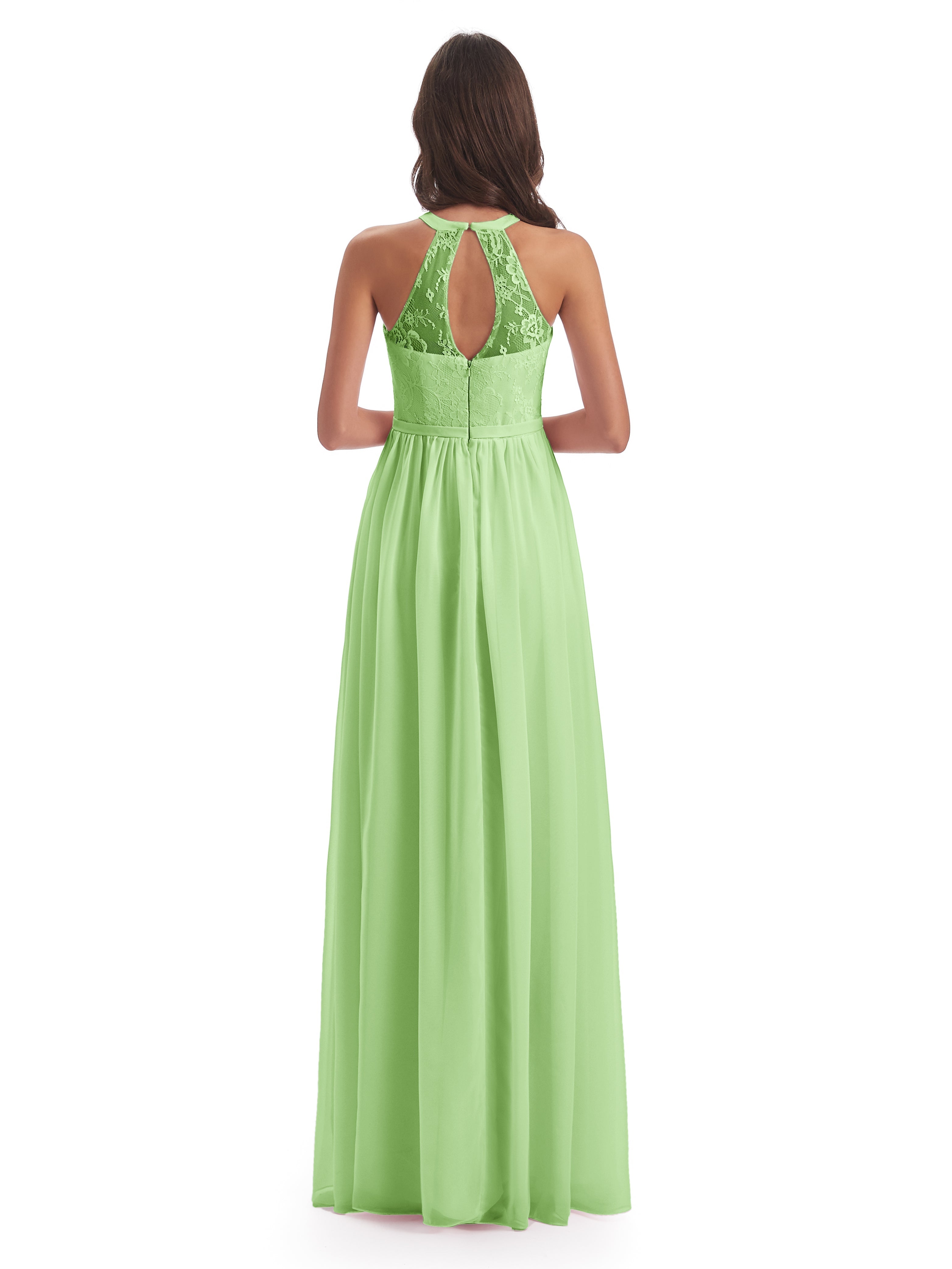 Robe Vert Sauge Demoiselle D Honneur Fendue Devant Licou Dentelle/Mousseline Robes Demoiselle D'Honneur